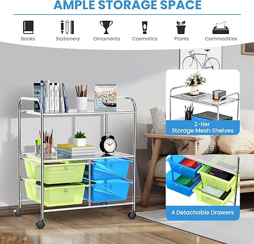 Miniatura 2 de COSTWAY Carrito de almacenamiento rodante con 4 cajones, 2 estantes, carrito organizador de utilidad para oficina en casa con ruedas, carrito de