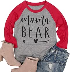 KIDDAD Women's Mama Bear T-Shirt Raglan 3/4 Sleeve Heart Graphic