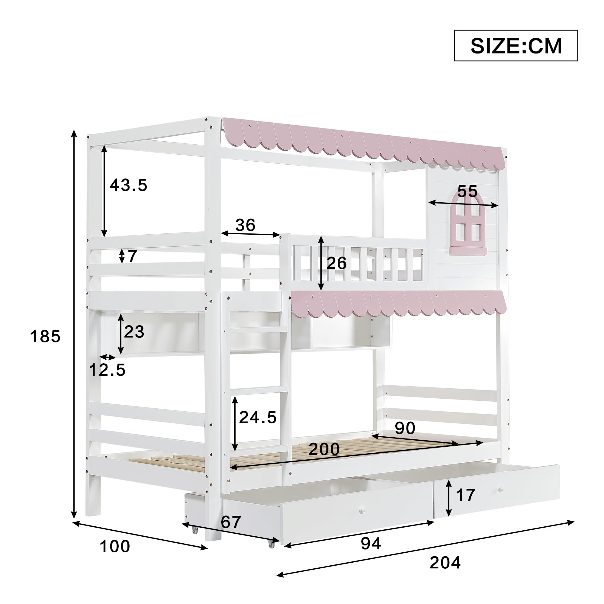 Huisbed met ramen, kinderbed, eenpersoonsbed en tweepersoonsbed, massief houten frame, MDF, wit Huisbed met ramen, kinderbed, eenpersoonsbed en tweepersoonsbed, massief houten frame, MDF, wit