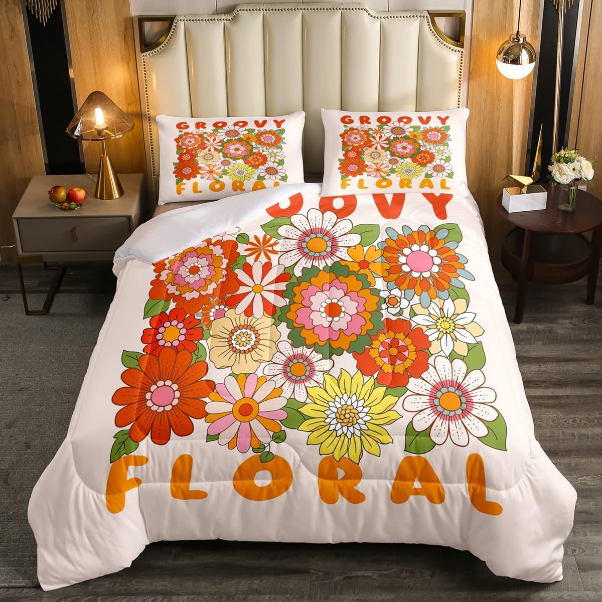 Kids 70S 60S Flower Power Comforter Set Queen Teen Girls Retro Hippie Flowers Daisies Bedding Set Colorful Vintage Groovy Floral Down Comforter,Boho Quilted Duvet Bohemian Room Decor 2 Pillow Cases