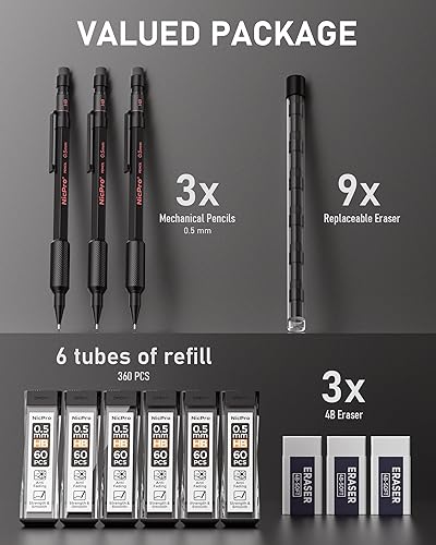 Miniatura 6 de Nicpro Juego de lápices mecánicos de 0.020 in con estuche, 3 lápices mecánicos MP2000 para artistas de metal con 6 tubos de recambios de plomo HB,