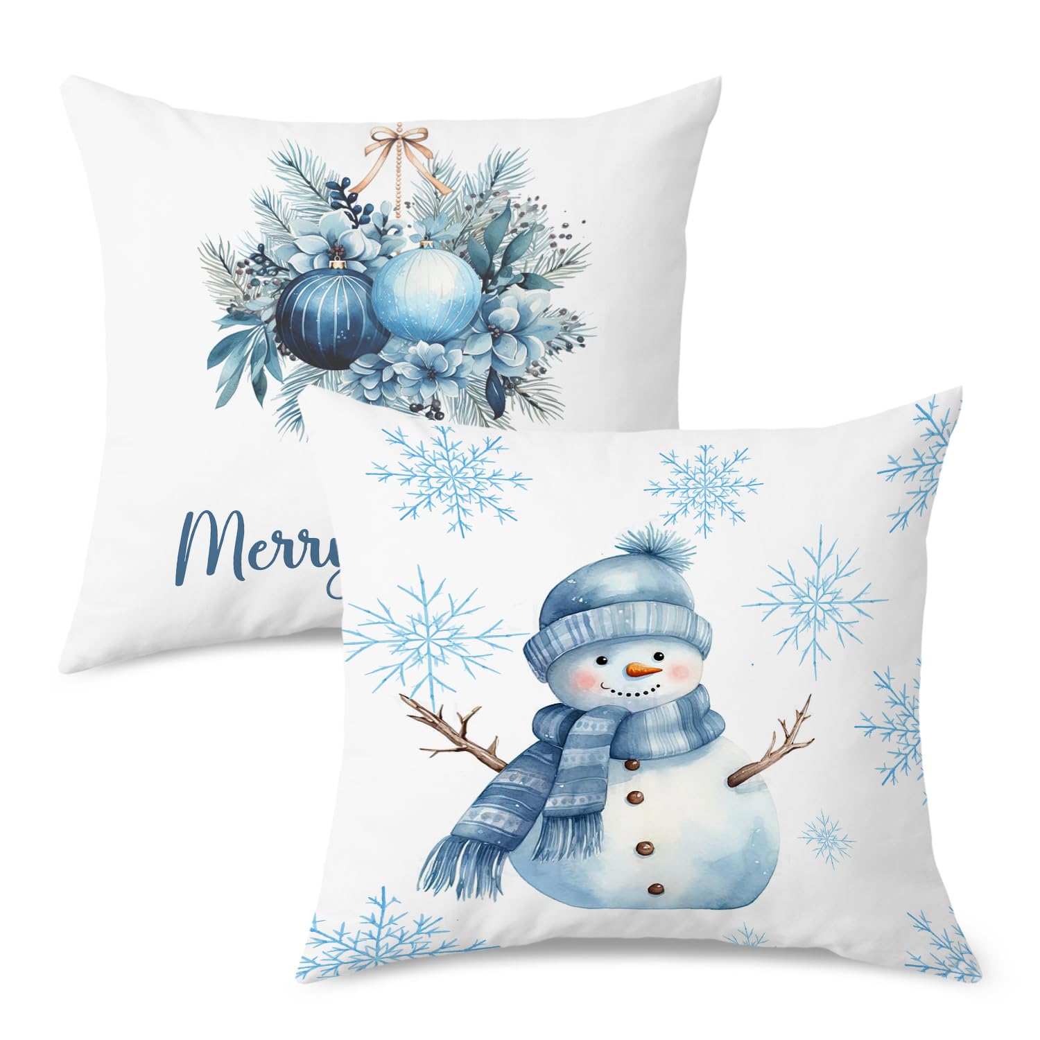 Light Blue Christmas Snowman Pillow Covers 18x18 set of 2 Merry and Bright Winter Snowflake Snowman Throw Pillows