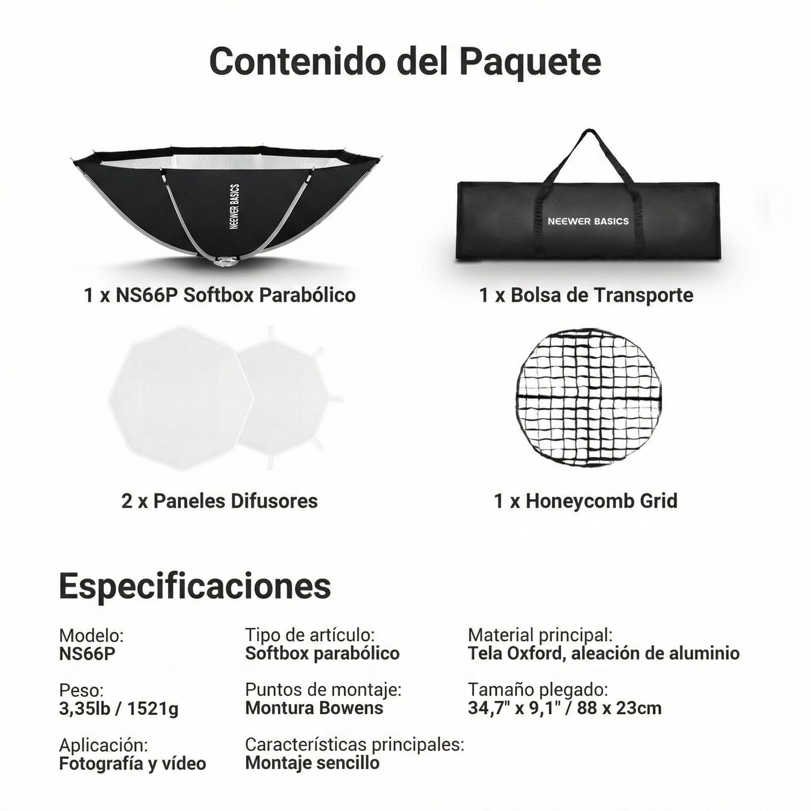 NEEWER Basics Softbox Parabólico 47.2" Bowens Mount Soft Box, Difusor Luz/Rejilla/Bolsa, Compatible con Aputure 150c Compatible con Godox SL60w NEEWER FS300C FS230C FS150B HB80C CB200C Q6 Q300, NS66P