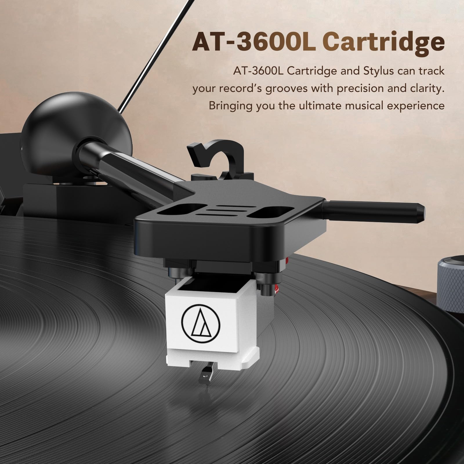 Platine Vinyle avec Haut-parleurs intégrés, Platine Bluetooth avec Haut-parleurs intégrés, contrepoids réglable, AT-3600L, 33/45 Tours/Minute, Barre Lumineuse à luminosité réglable, Brun