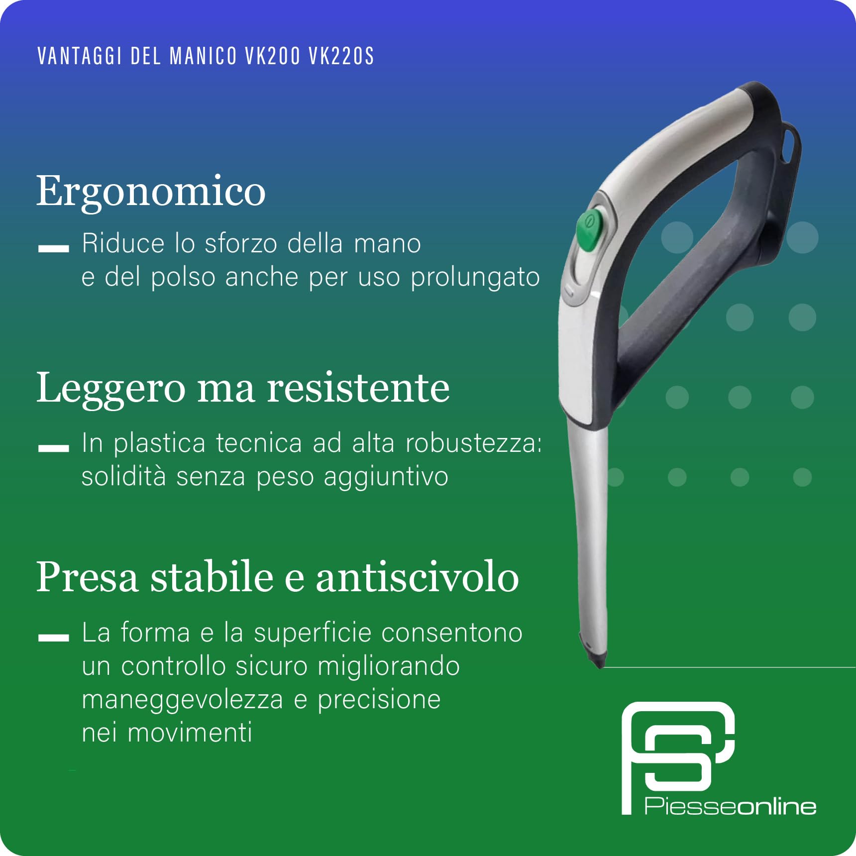 Manico Folletto VK200/220S con Interruttore Integrato, Robusto Ricambio Folletto compatibile con VK 200 e VK 220S, Ergonomico e Antiscivolo, Facile da Montare