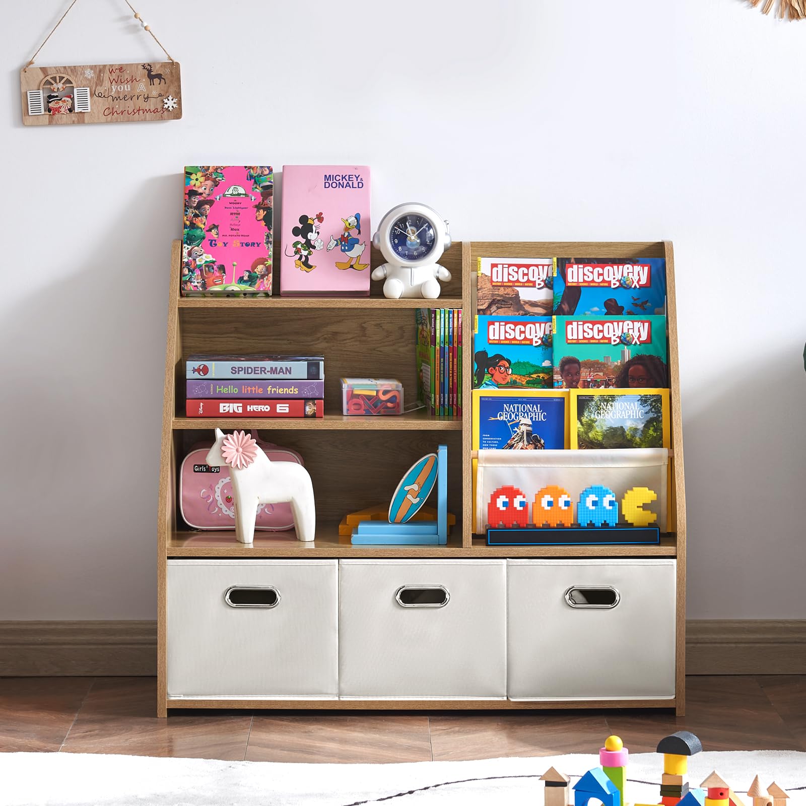 EFURDEN Kinder Bücherregal mit Aufbewahrung, 4-stufiges Montessori Spielzeugregal aus Holz mit 3 Schubladen & 4 Stoffboxen, Organizer für Kinderzimmer, Spielzimmer
