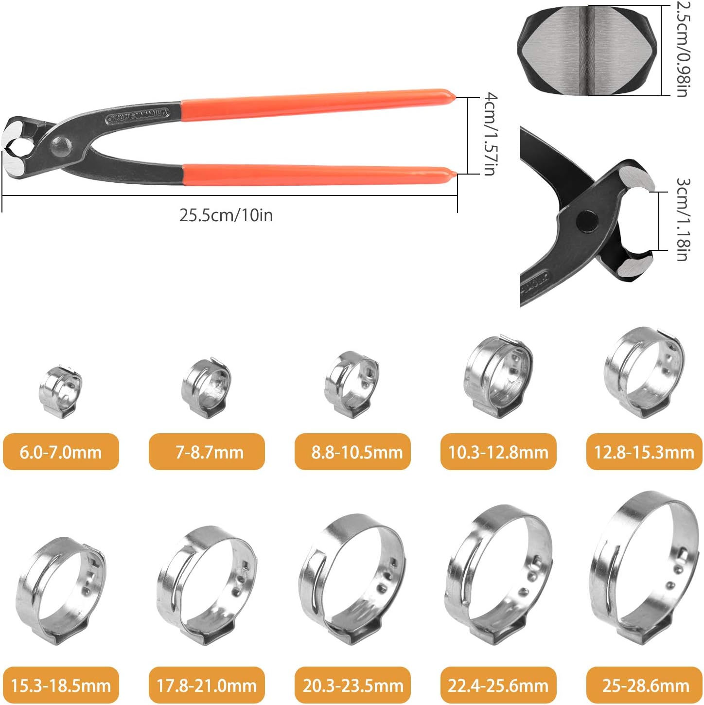VIGRUE 115Pcs Single Ear Hose Clamps Kit, 6-28.6mm Stepless Hose Clamps with Ear Clamp Pincer, Adjustable Crimp Cinch Rings for Automotive, Pipe, Plumbing