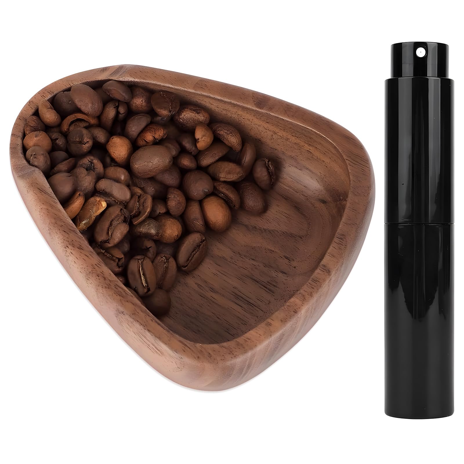 Coffee Dosing Cup and Spray Bottle Set, Coffee Bean Dosing Cup with Coffee Spray Bottle, Single Dose Measuring Tray Kit, Walnut Wood Bean Measuring Tray for Coffee Lovers Gift