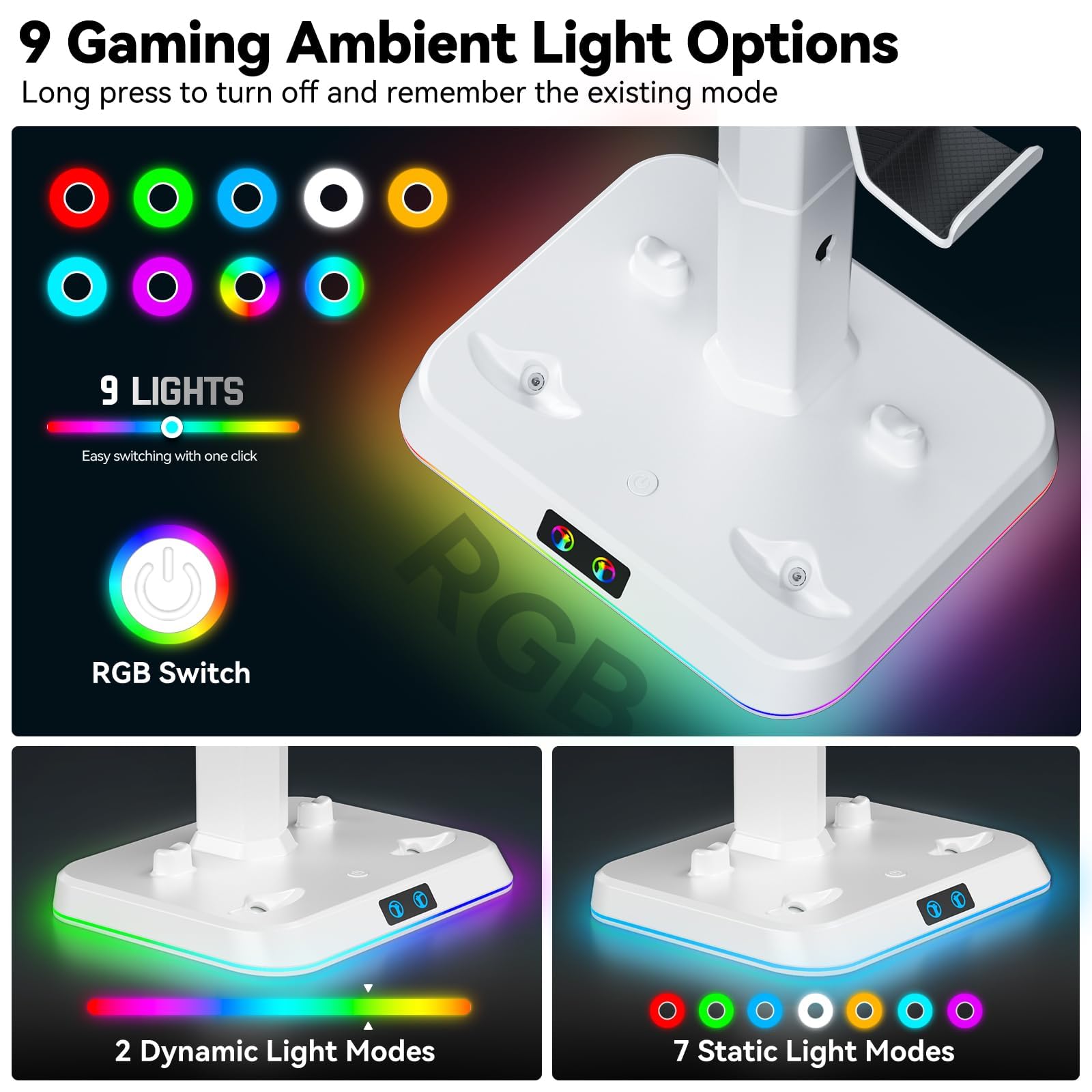 Kosker Base di Ricarica PSVR2, 9 Modalità RGB Supporto per Occhiali VR2 con Caricatore PS VR2 Magnetico, Supporto di Carica PSVR2 con Supporto per Controller e Cavi, Accessori PlayStation VR2