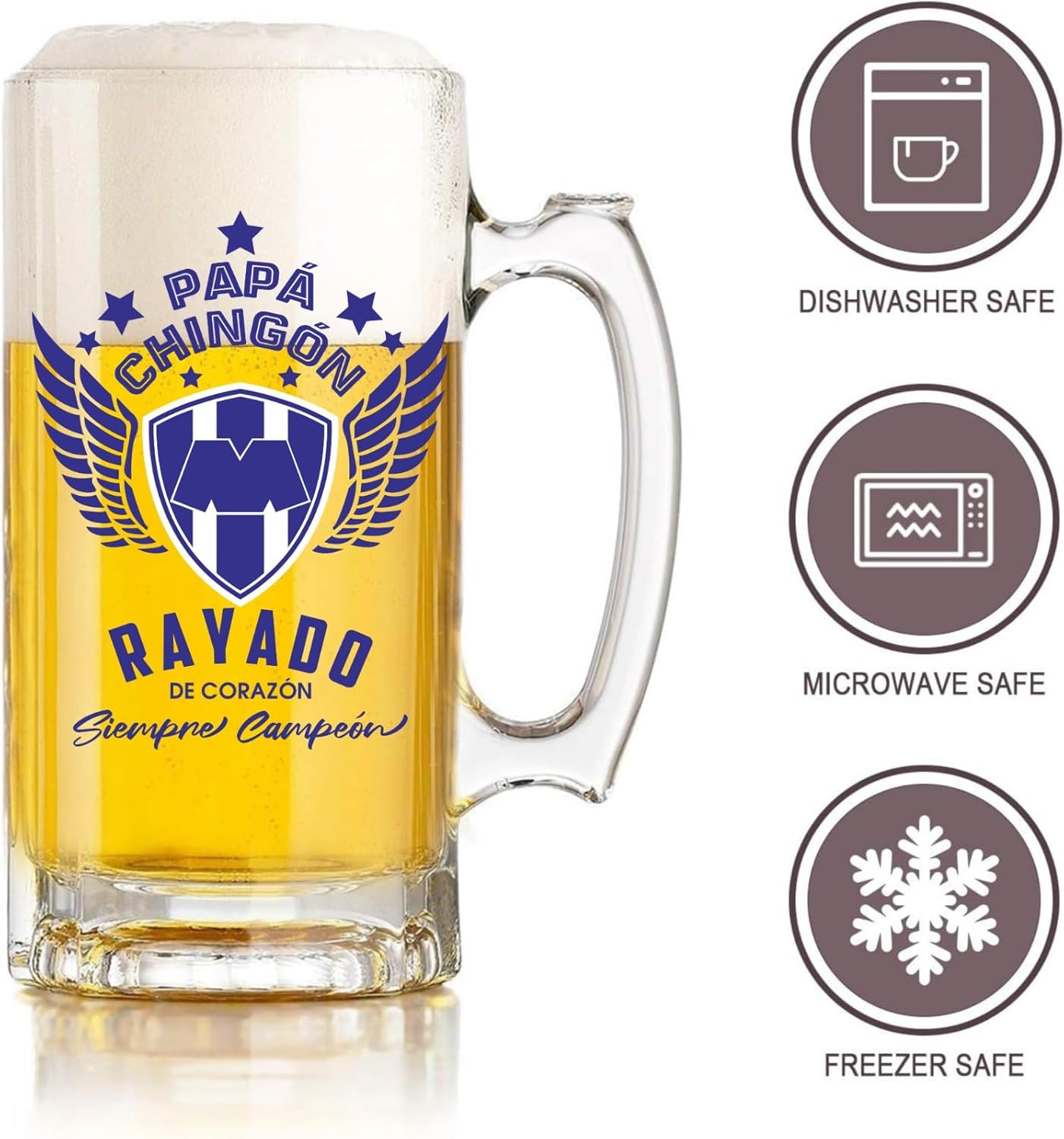 Monterrey 16 oz Beer Glass Mug – Papá Chingón Design – Rayados de Corazón, Siempre Campeón – Soccer Gift