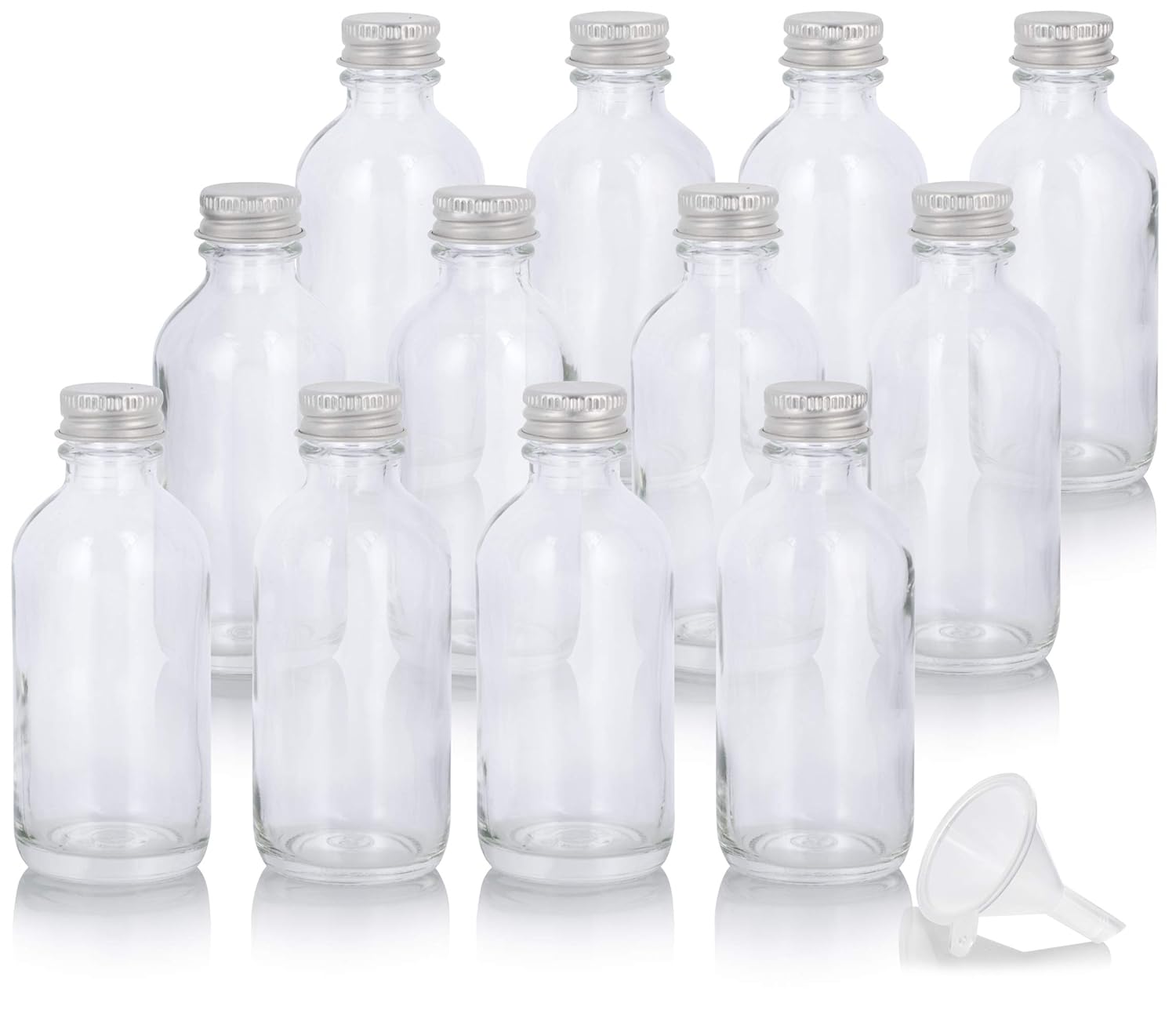 JUVITUS 2 oz Clear Glass Boston Round Bottles with Silver Metal Screw On Caps (12 PACK) + Funnel