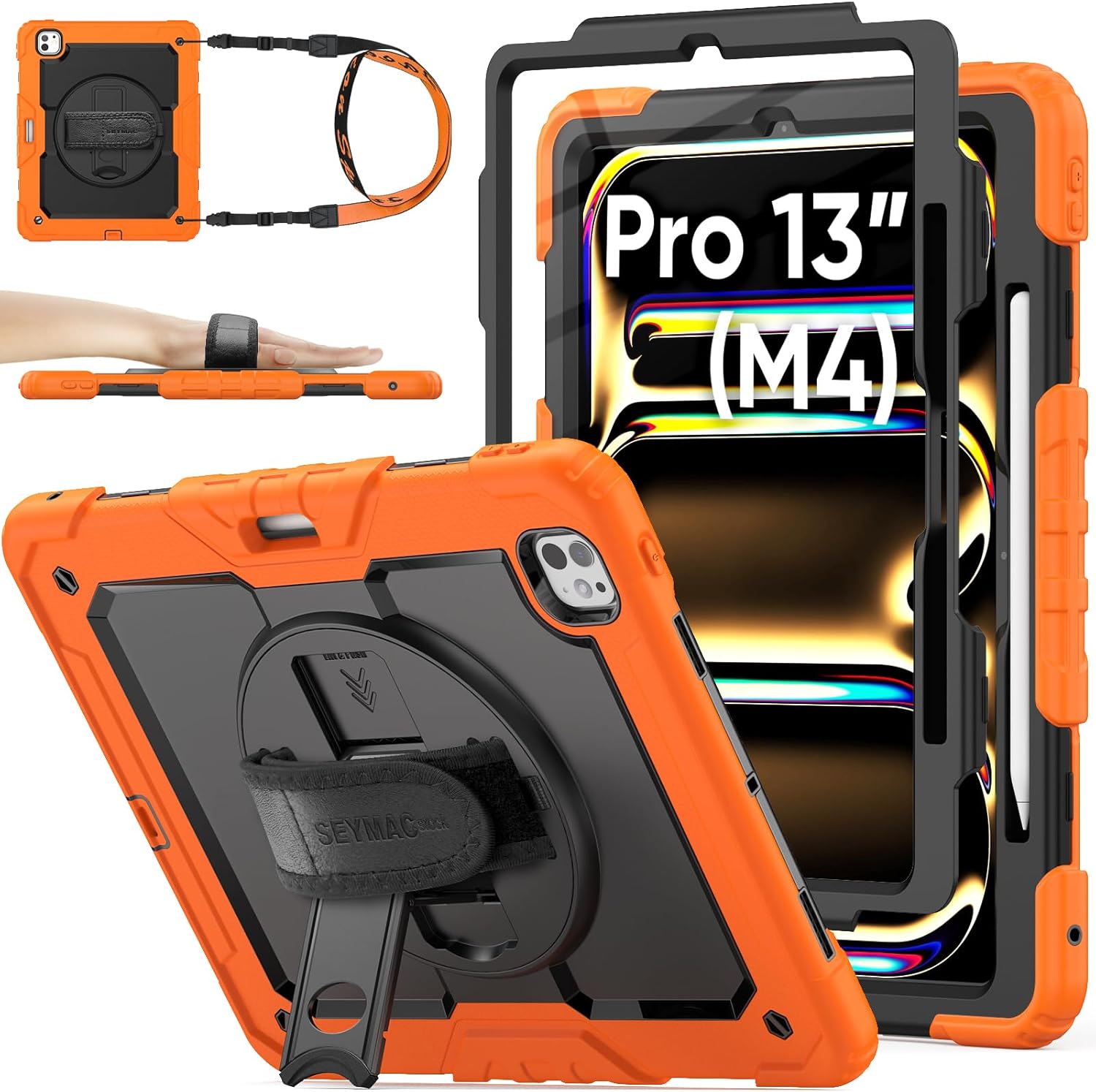 SEYMAC stock Case for iPad Pro 13 inch Case 2024 (M4), Shockproof Protective with Pencil Holder, Screen Protector, 360° Rotate Stand, Adjustable Hand Strap, Shoulder Strap, Orange