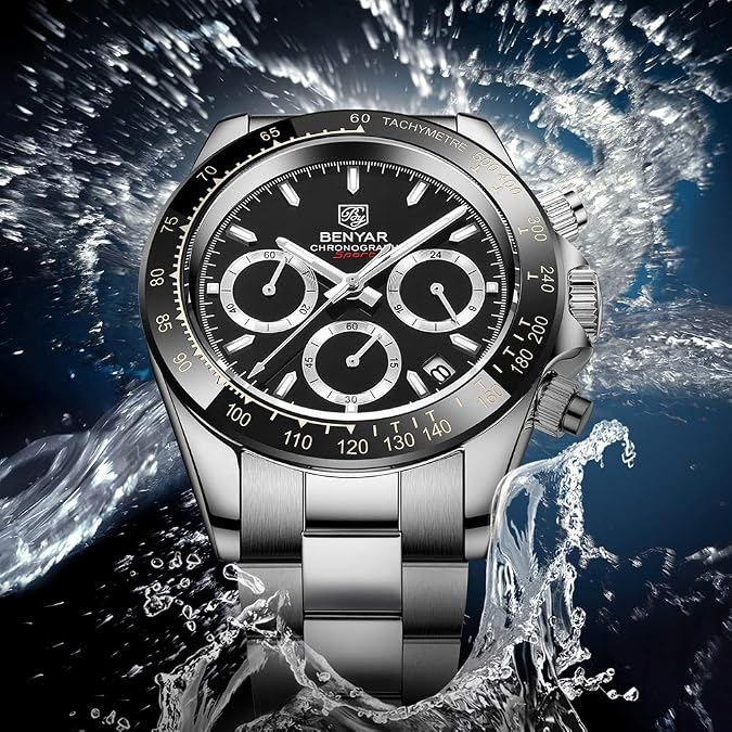 Men's Watch BENYAR Fashion Quartz Movement Wrist Watch Analog Chronograph Business Waterproof and Scratch Resistant Stainless Steel Strap Leisure Sports Watches for Men