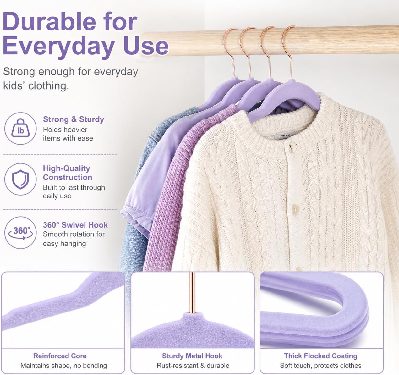 MIZGI Kids Velvet Hangers,Non-Slip Big Kids Hangers,14 Inch Hangers for Youth,Teen Clothes,Pack of 50（Light Purple/Rosegold）