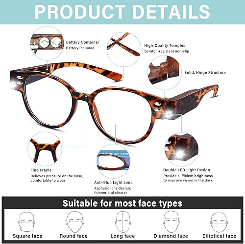 Miniatura 4 de Paquete de 2 lupas con luz de lectura con luces, lectores LED brillantes, lentes de lectura iluminados, anteojos de bloqueo de luz azul, lupa,