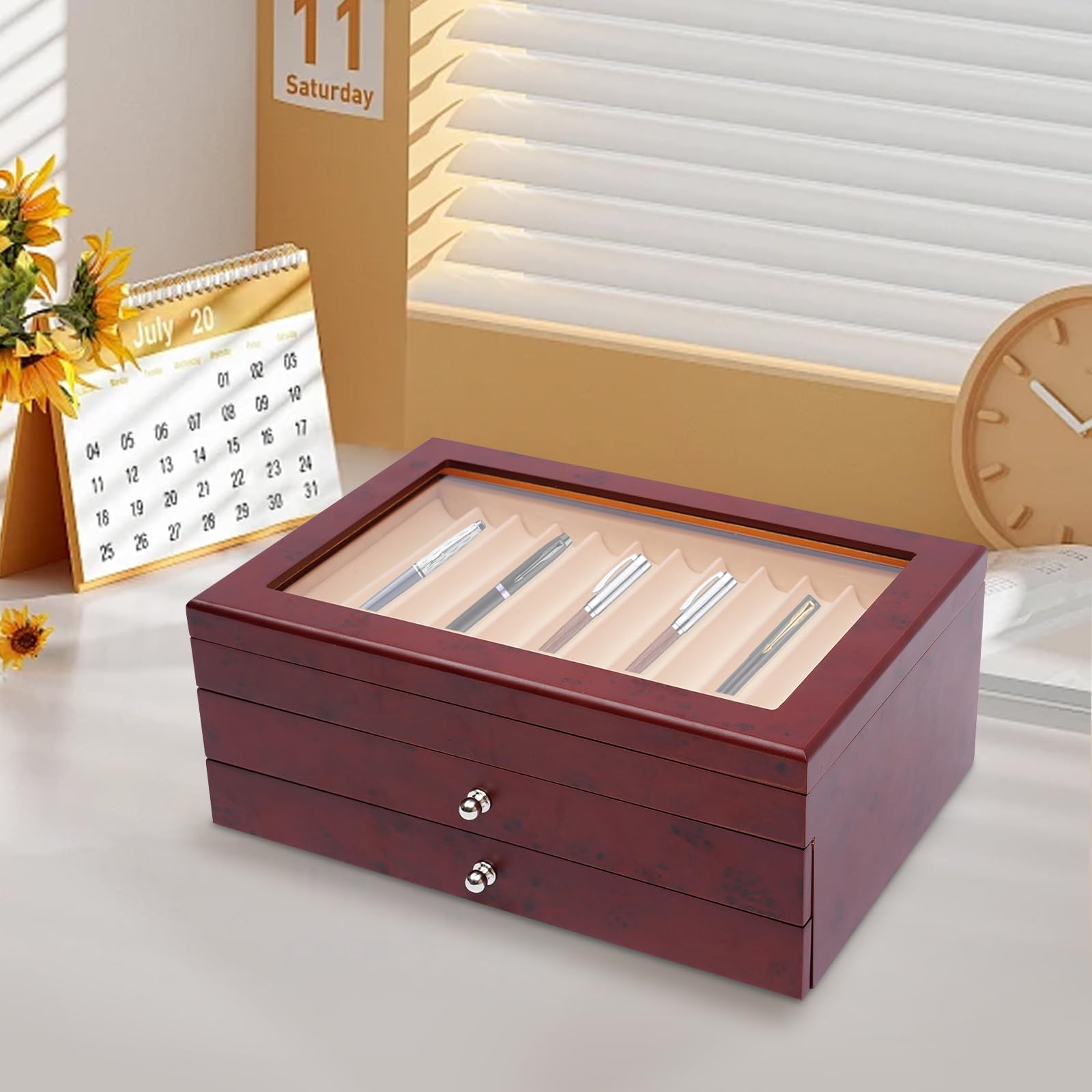 34 slot portapenne, scatola per display con parte superiore trasparente, vetrina a tre livelli, contenitore portapenne, scatola portaoggetti, in legno, 31 x 21 x 12,5 cm, rosso