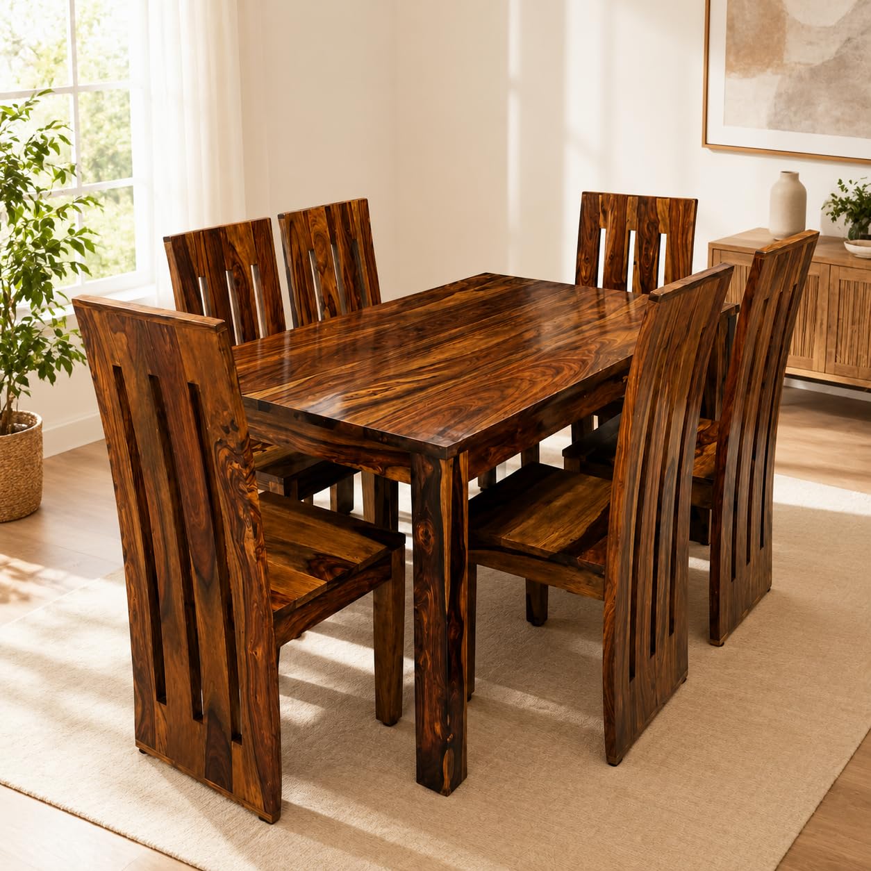 MV Furniture - Pure Sheesham Wood Dinning Table 6 Seater | Wooden Dining Table with 6 Chairs - Honey Finish-image-7