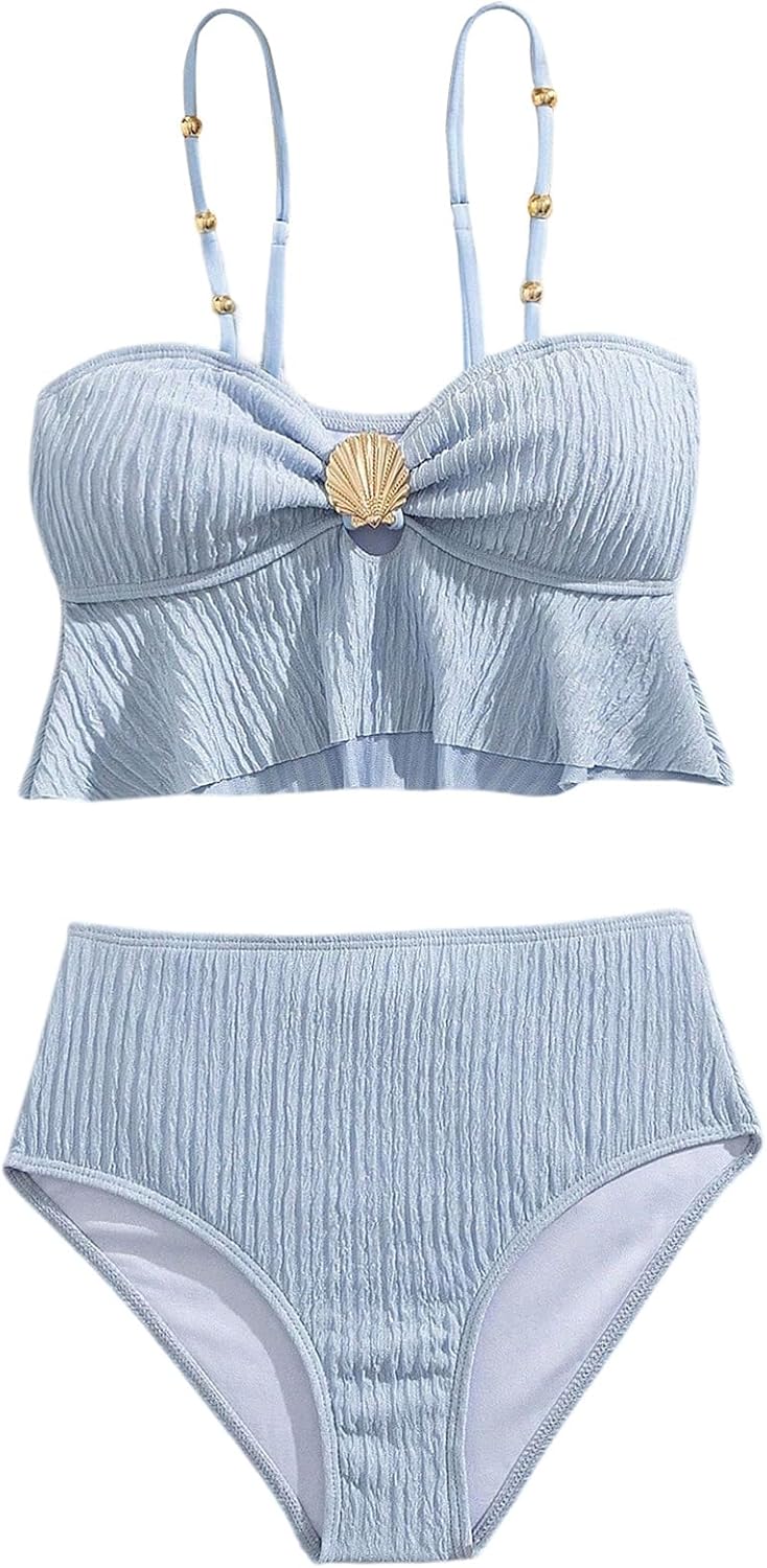 OYOANGLE Girl's Two Piece Metallic Shell Bikini Sets Cut Out Ruffle Top High Waist Hipster Swimsuit