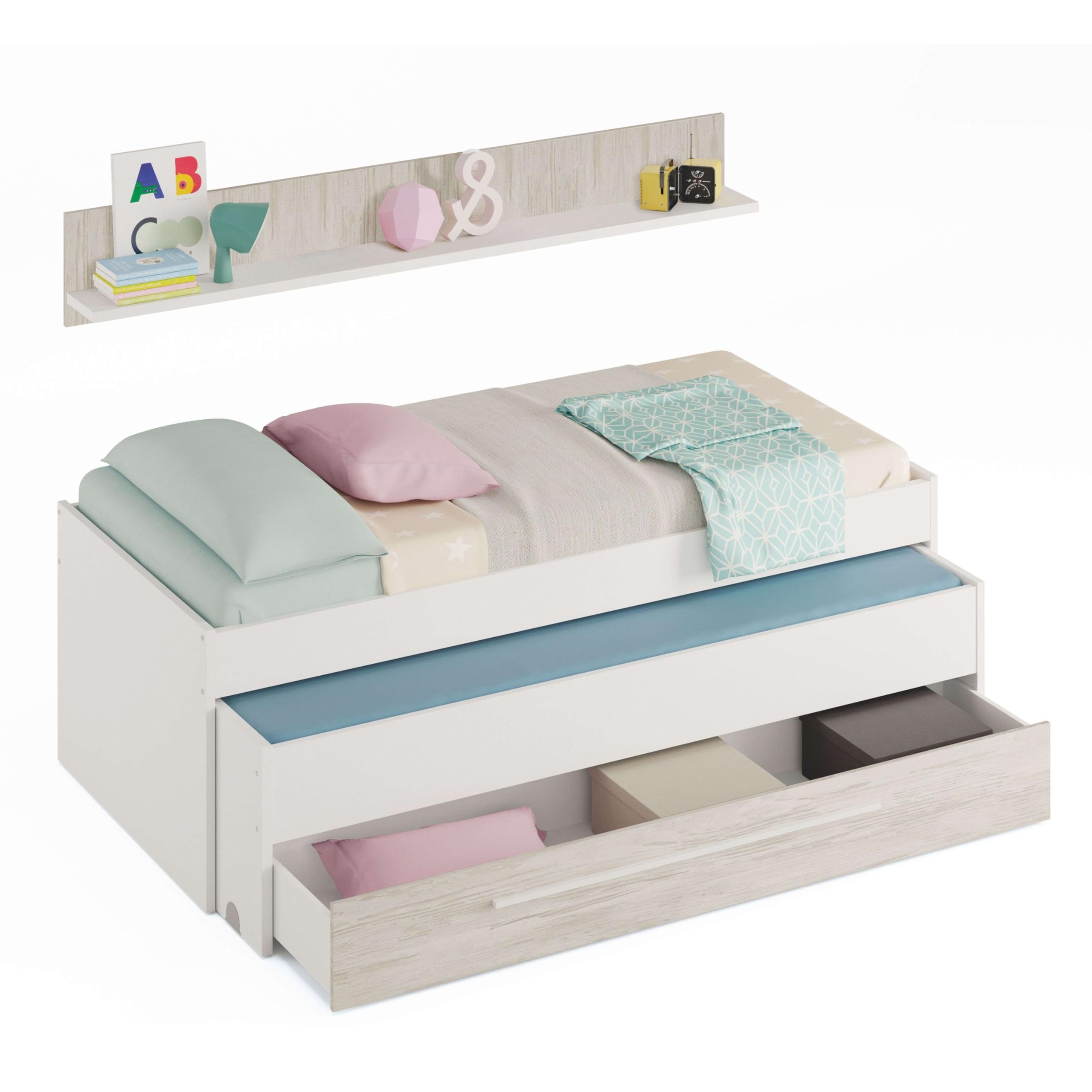 Miroytengo Pack Muebles Infantil Juvenil Elliot Blanco (Cama Nido con Cajonera + Estantería + Armario Puertas Correderas + Somieres 90x190 cm)