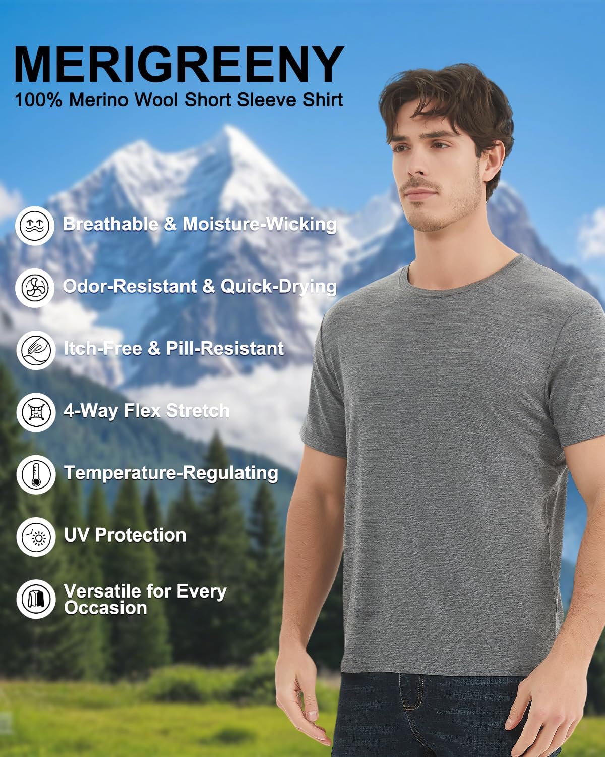 Men's 100% Merino Wool T-Shirt, Breathable Merino Undershirt, Base Layer for Men - Image 3