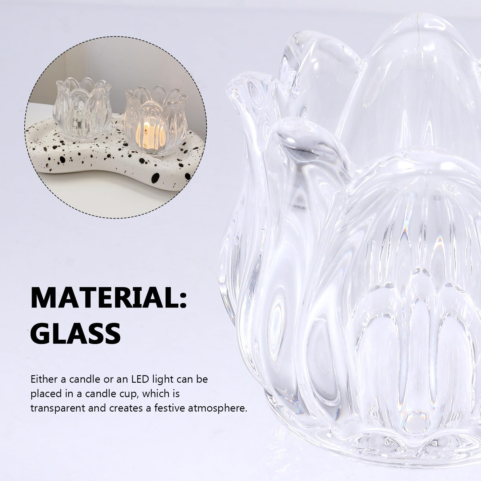 Portavelas de Cristal Transparente Pack de 6 Unidades Forma de Flor para Ambiente Romántico en Cenas y Fiestas para Ambiente Elegante