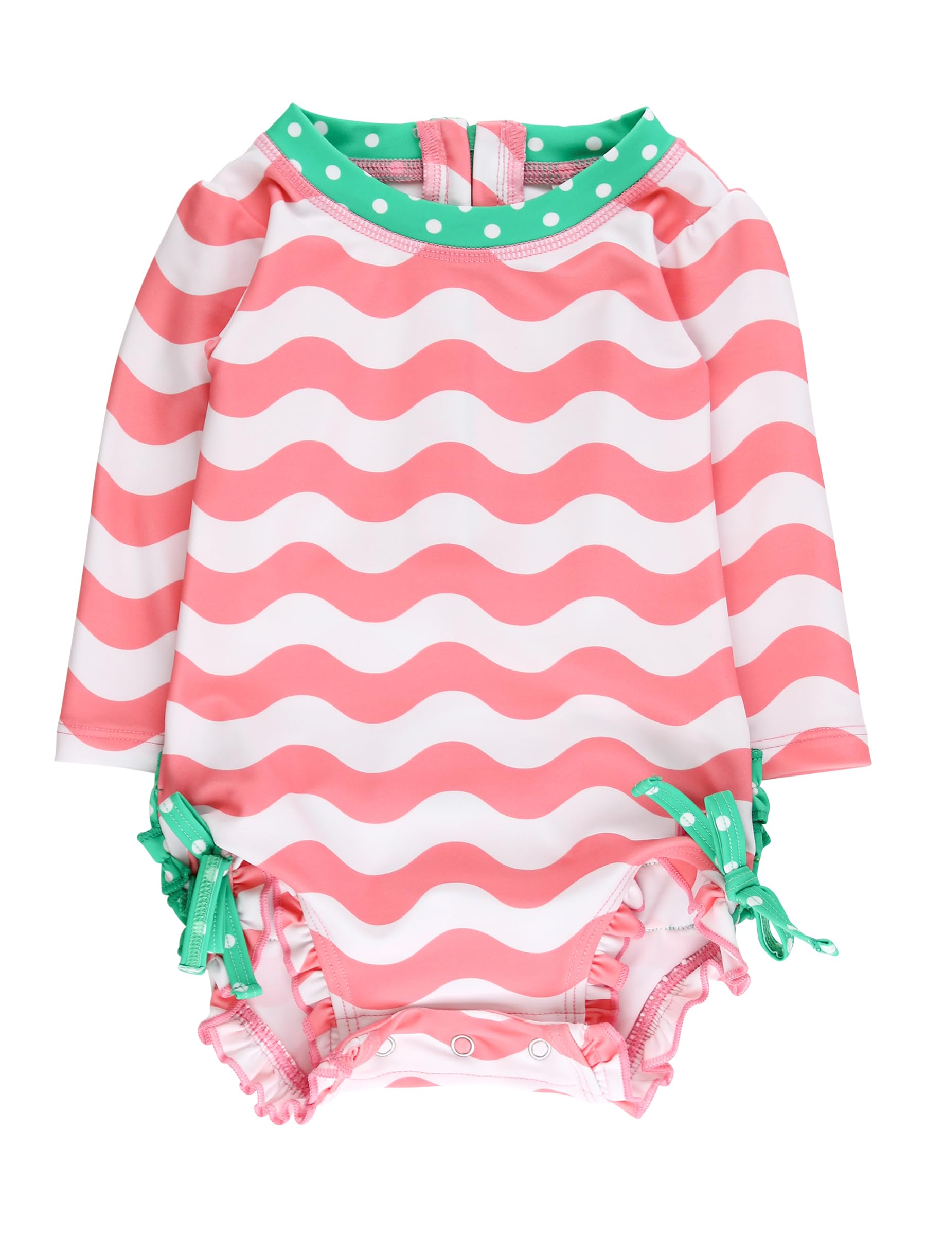 RuffleButts Baby Girls Novelty Baby One Piece - Rash Guard Swimsuit | 80% Nylon 20% Spandex, UPF 50+, Lightweight, Medium Stretch, Full Seat Coverage, Bottom Snaps, Unlined, Infant Beach Swim