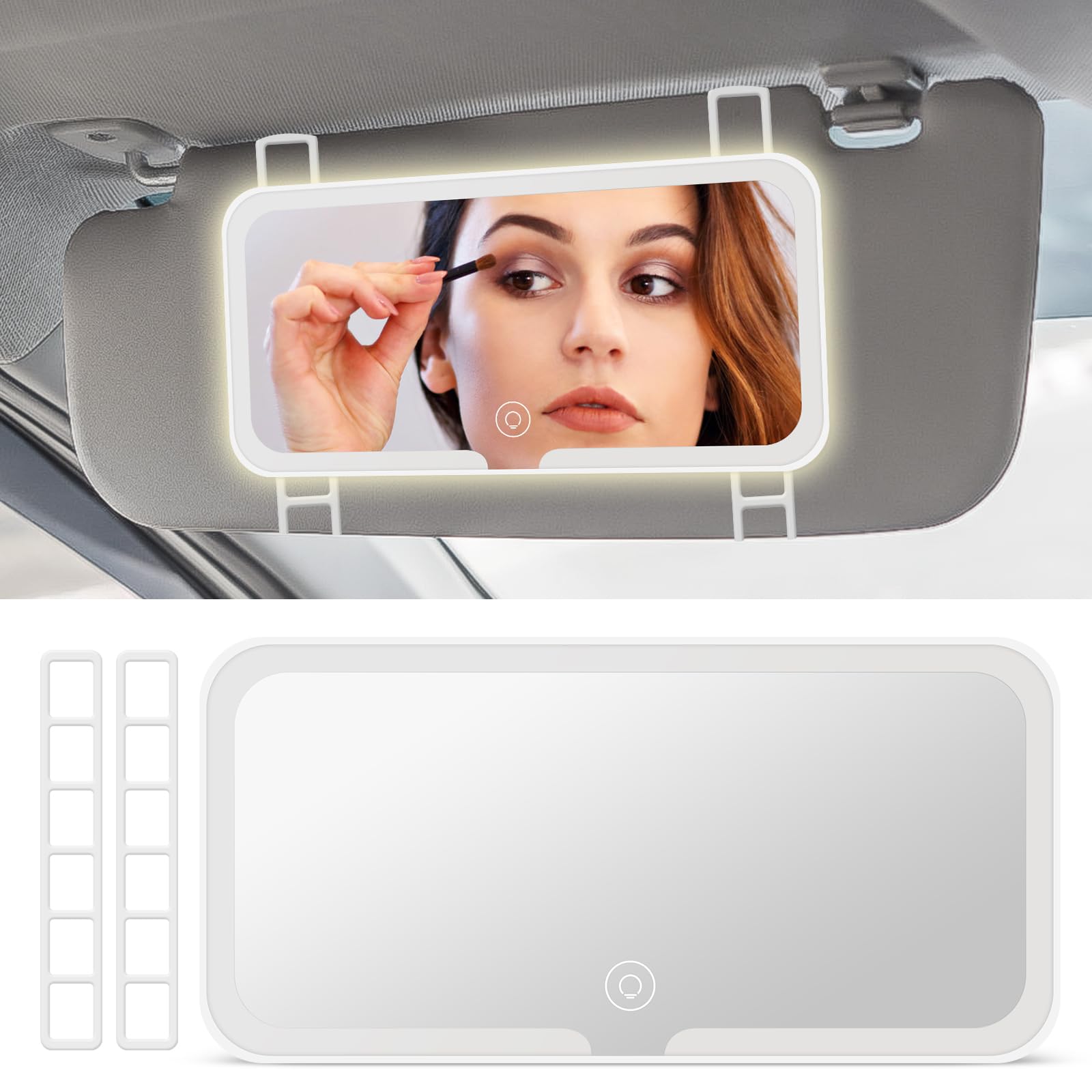 HIULLEN Espejo cosmético para coche, Espejo Interior Coche, Espejo de maquillaje universal con luz, Espejo cosmético con parasol, Espejo cosmético portátil recargable con 3 modos de luz