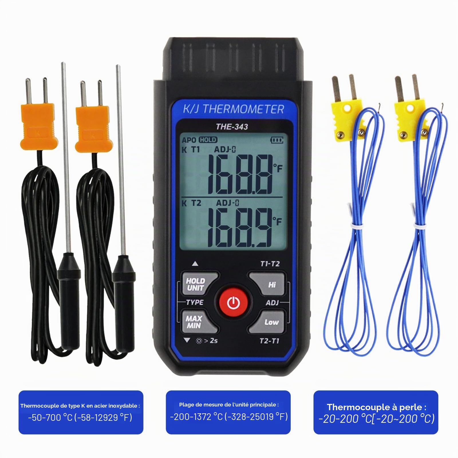 Thermomètre Thermocouple Numérique de type K avec 4 Thermocouples, Plage de Mesure de -200~1372℃, Thermomètre HVAC à double Canaux, Jauge de Température avec Compensation ADJ