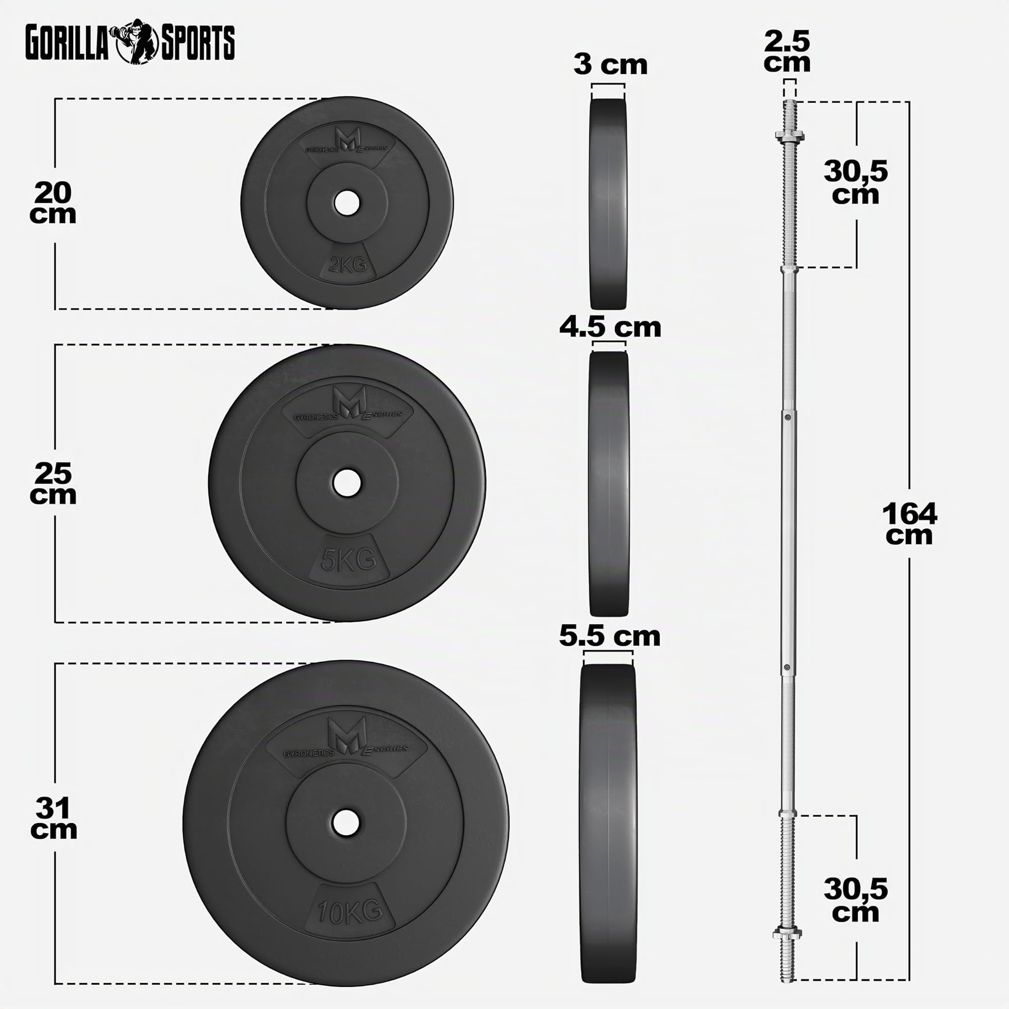 GYRONETICS® Set de Barres d'Haltère - Longue, avec Disques de Poids 60 kg, 2x2 kg, 2x5 kg, 4x10 kg, Ø 25 mm, Fermoirs en Forme d'Étoile, Réglables - Barre Longue, Fitness, Musculation, Haltérophilie