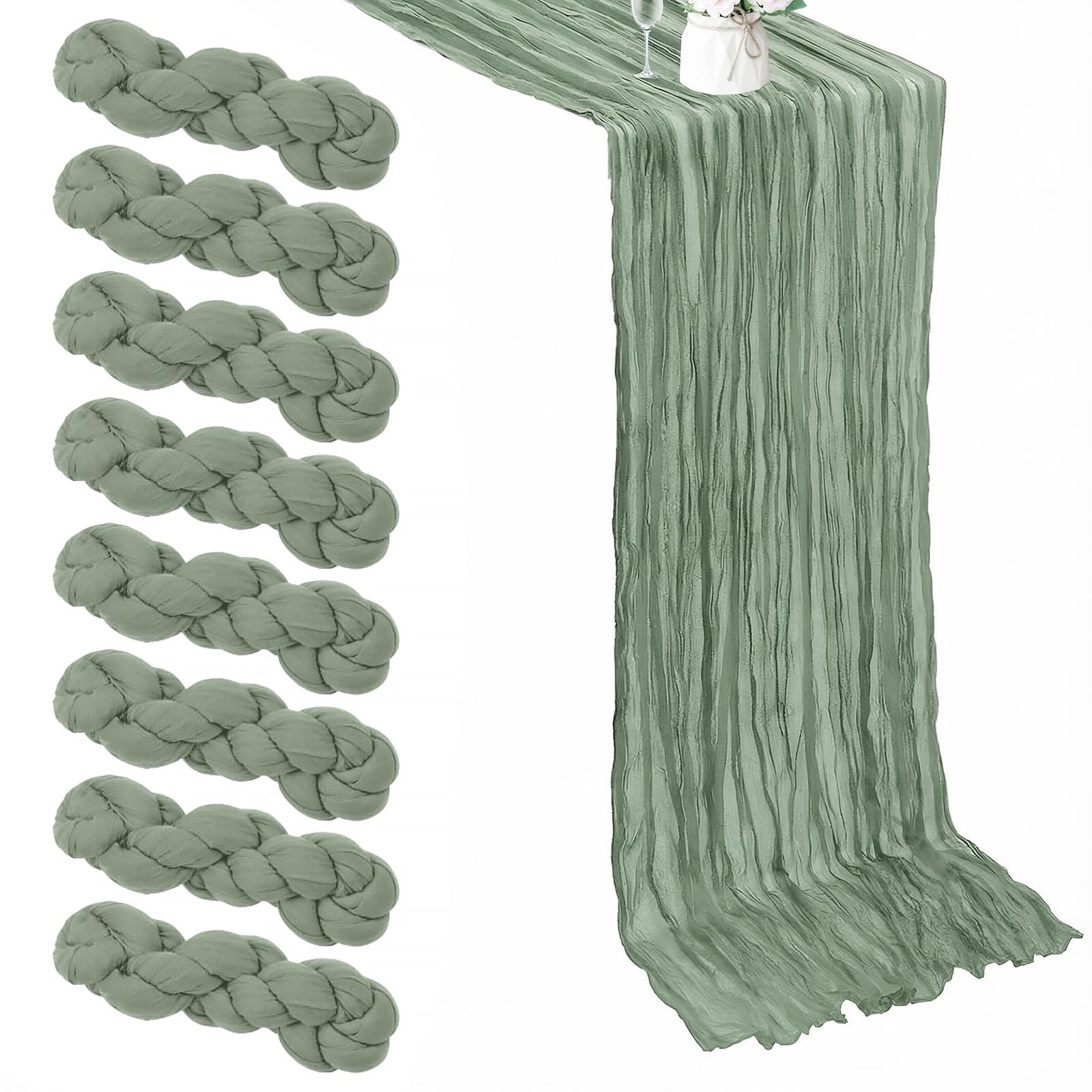 8 Pack Sage Green Cheesecloth Table Runner, 9.84Ft Light Green Boho Gauze Cloth Table Runner for Wedding Holiday Party Birthday Party Decoration(50 x 300cm) — image 1