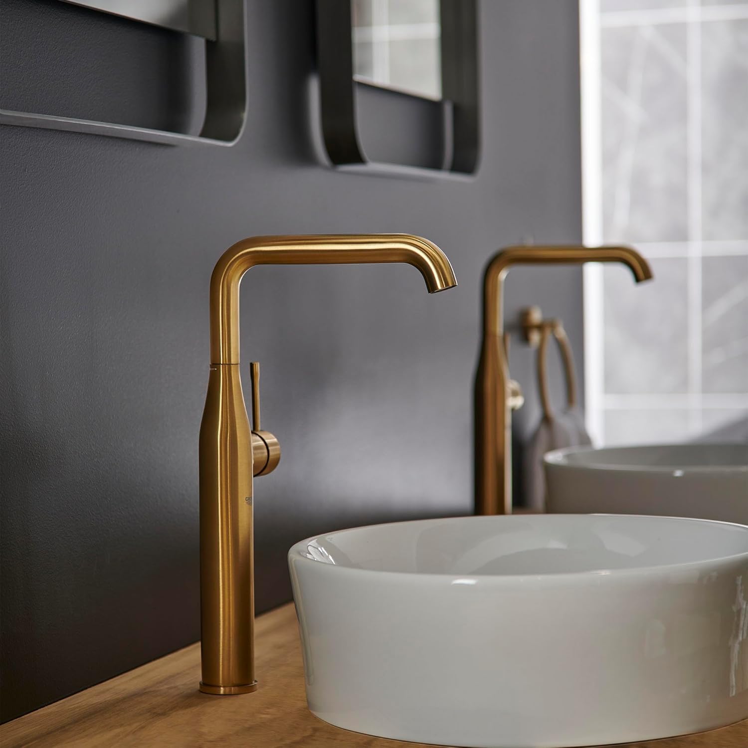 GROHE 23538GNA Essence, Single Hole Single-Handle Deck Mount Vessel Sink Faucet 1.2 GPM, Brushed Cool Sunrise (Brushed Gold)