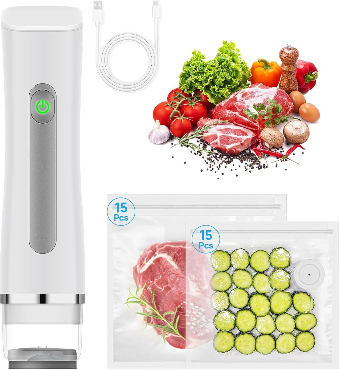 Compact Vacuum Sealer for Food with 30 Reusable Bags,Portable Handheld Vacuum Mashine Food saver for 10X Preservation & Fresh, Powerful 80Kpa