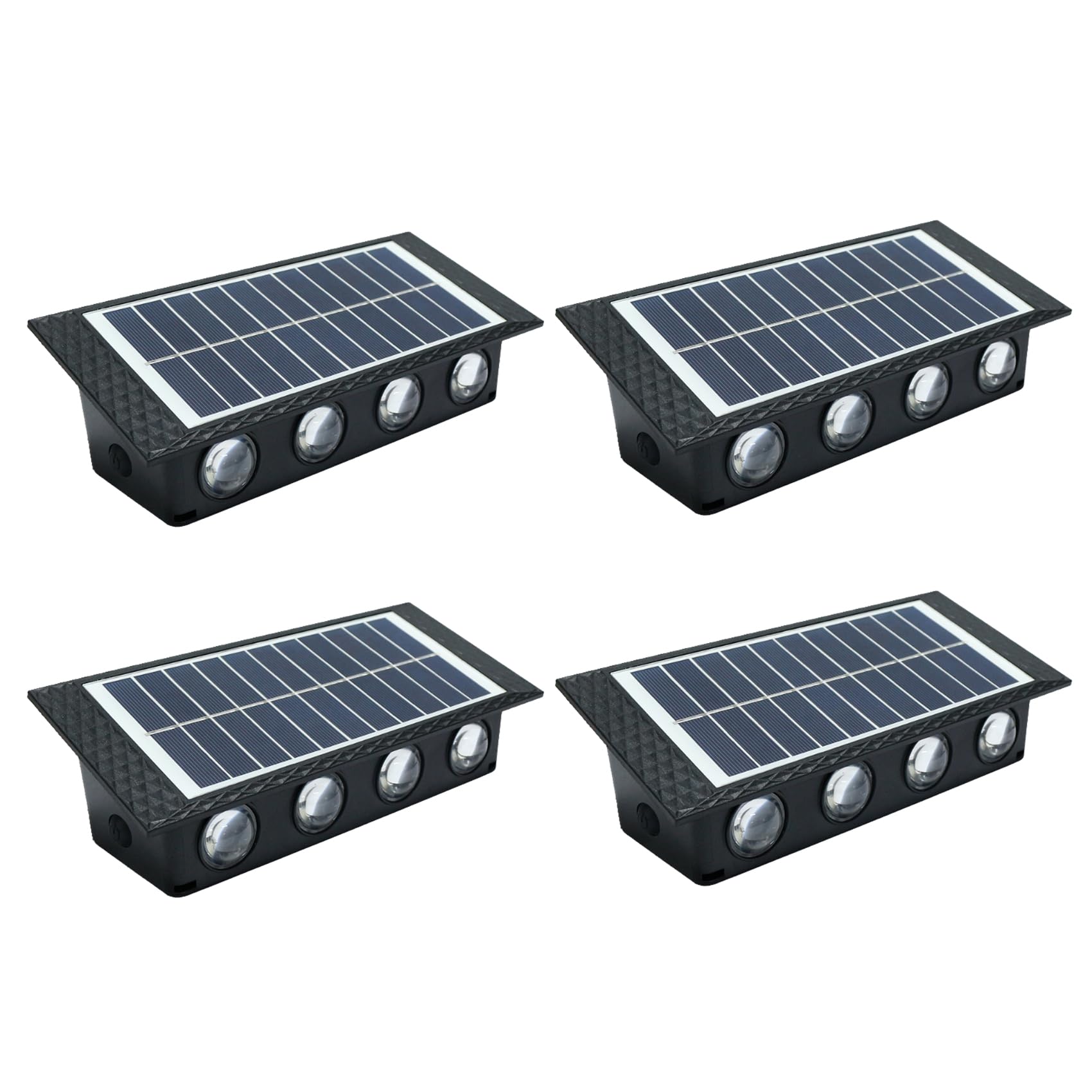Aplique Solar Exterior 8 LEDs 3000K Blanco Cálido, Lámpara Solar de Pared Impermeable IP65 Iluminación Arriba y Abajo, Luces Solares para Jardín, Valla, Terraza, Muros y Escaleras, Pack de 4