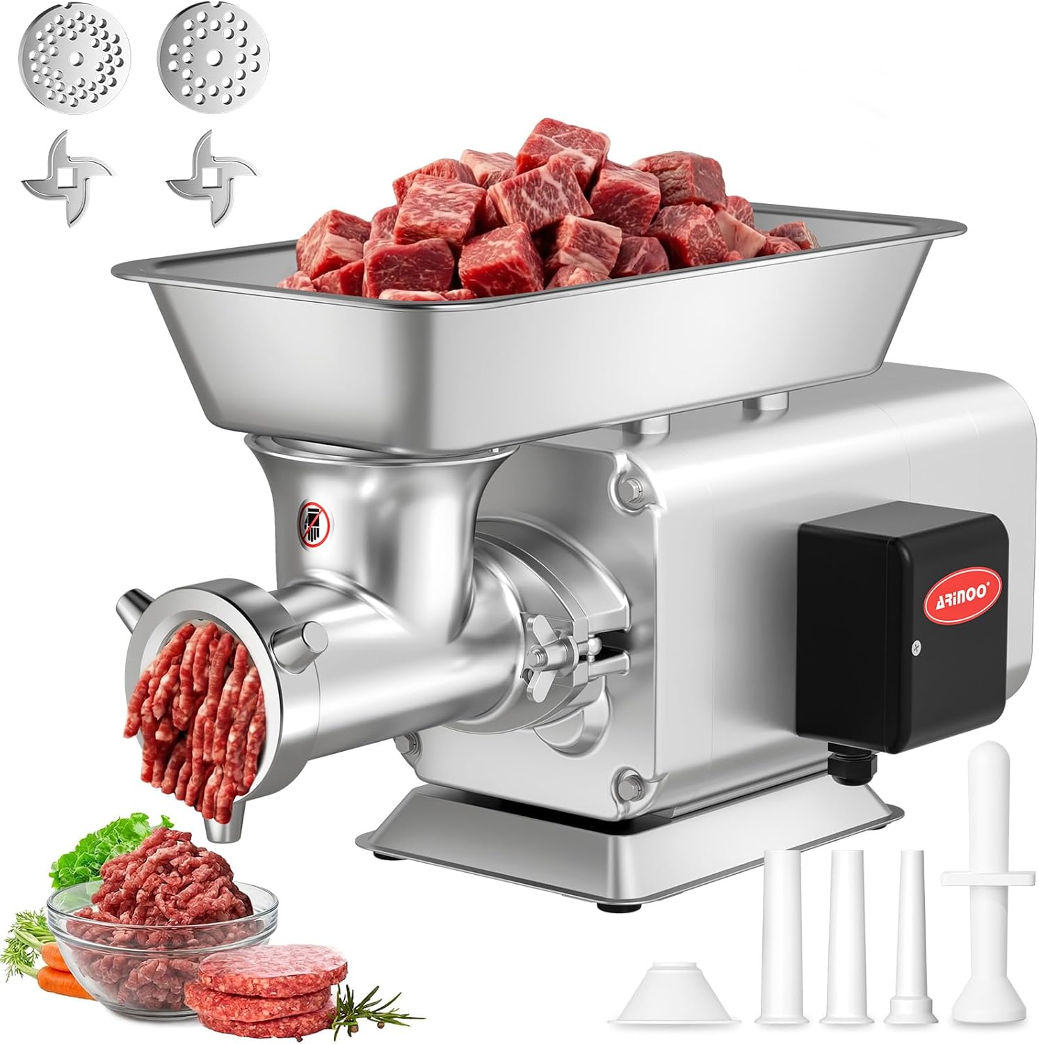 Electric Meat Grinder, Grinds Chicken Bones, 1.5 HP Heavy Duty Stainless Steel Commercial #12 Meat Mincer Machine with 2 Plates, 2 Blades and 3 Sausage Tubes for Home Use, 7 Lbs/Min