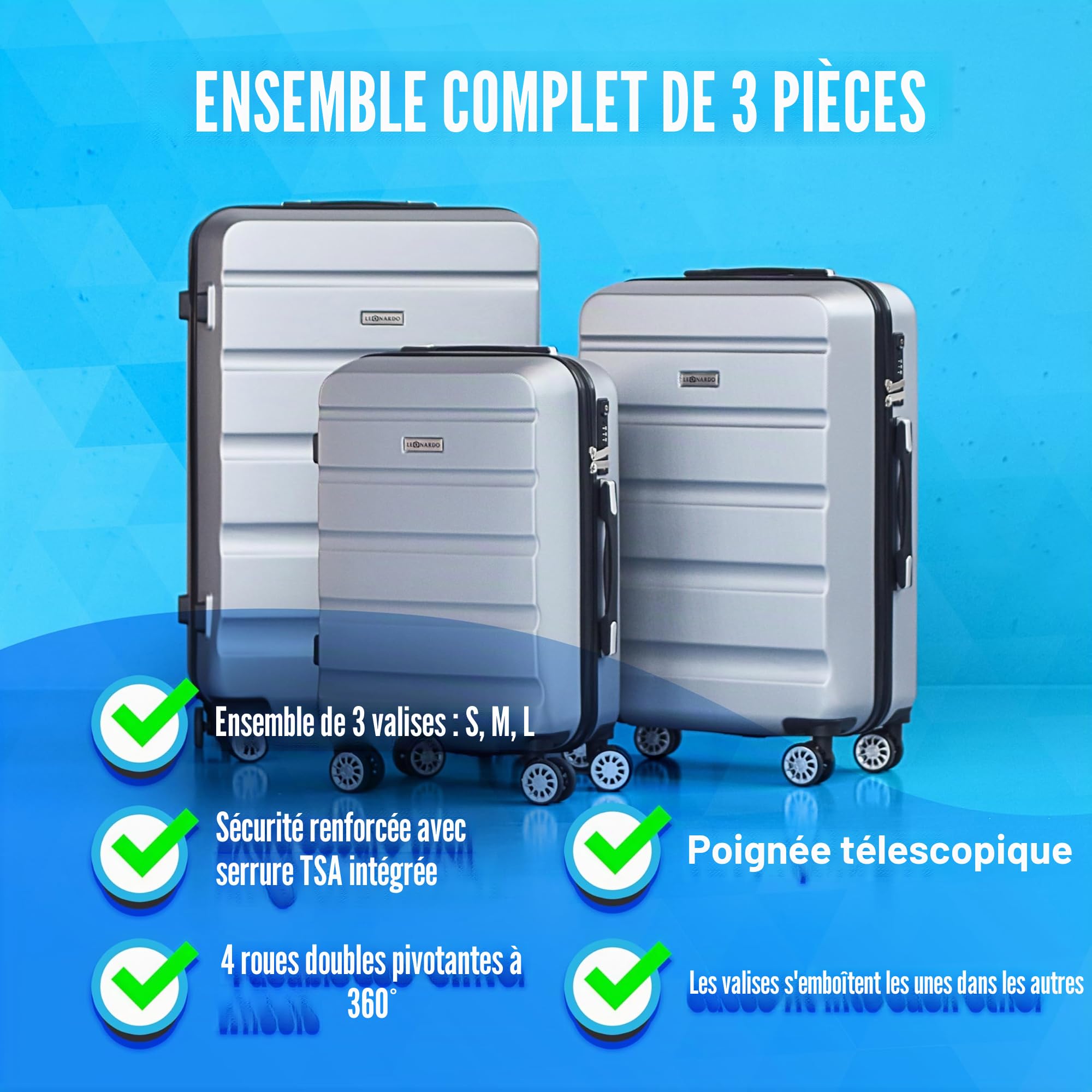 Leonardo® Set de 3 Valises avec Serrure TSA | Valise Cabine de Voyage | Bagage Moyenne | Grande Taille | avec 4 Roues Doubles | Hard Case | S-M-L Set | Venice | Argent