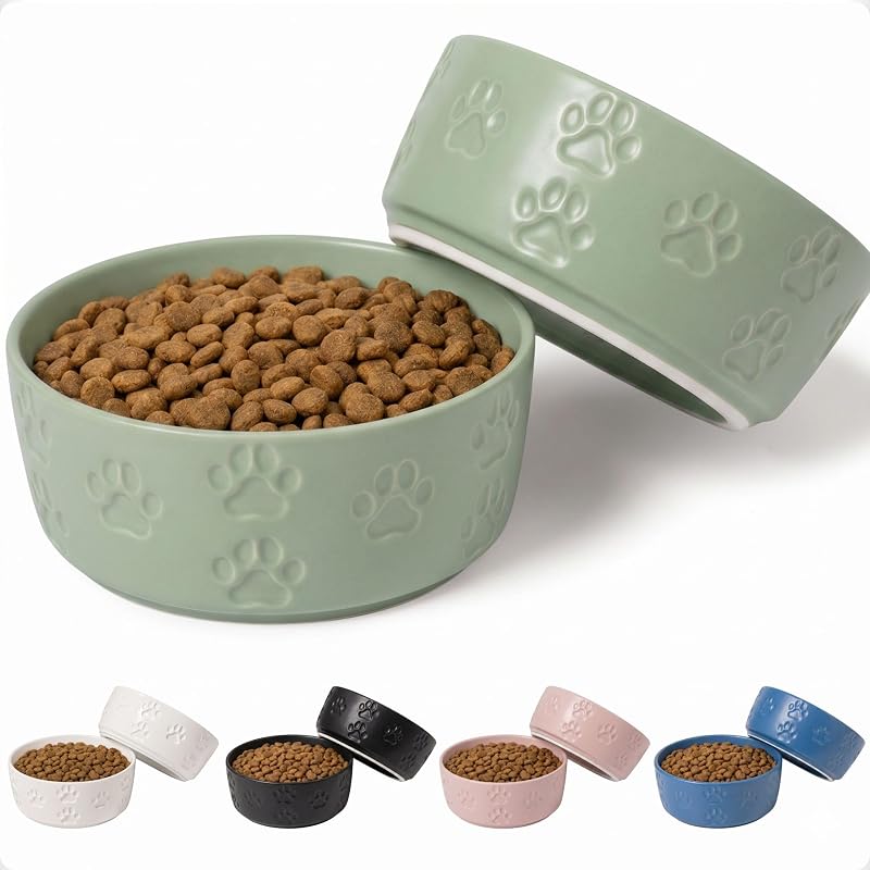 Comedouro para Cães em Cerâmica com Base Antiderrapante HB Design Co. Verde-Sálvia, Conjunto com 2
