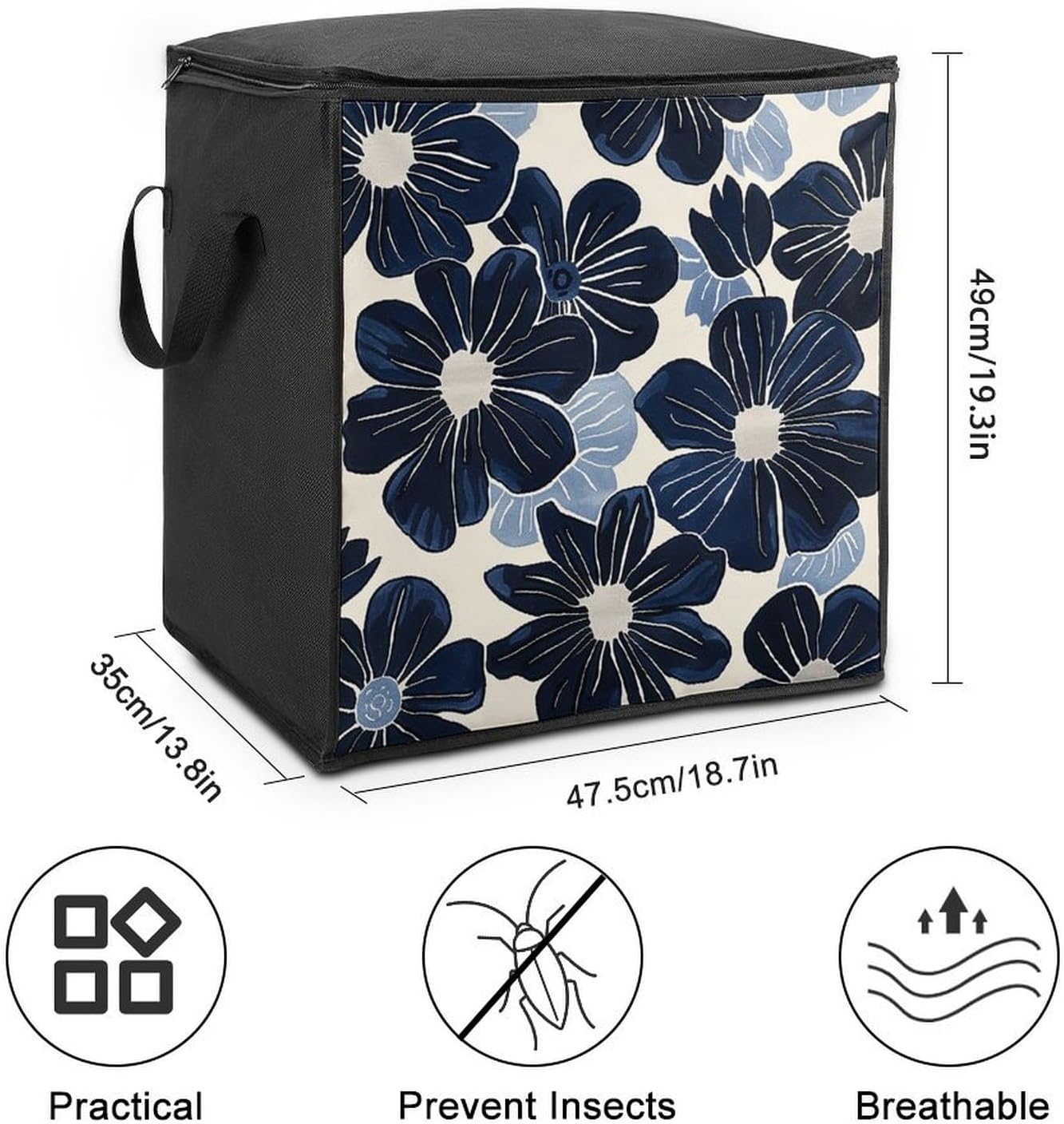 Portable Quilt Storage Bag,Navy Blue Flowers Printed Foldable Wardrobe Storage Box Foldable Storage Bag with Lids And Handle Large Clothing Storage Bag for Comforters Clothes Blankets Pillows