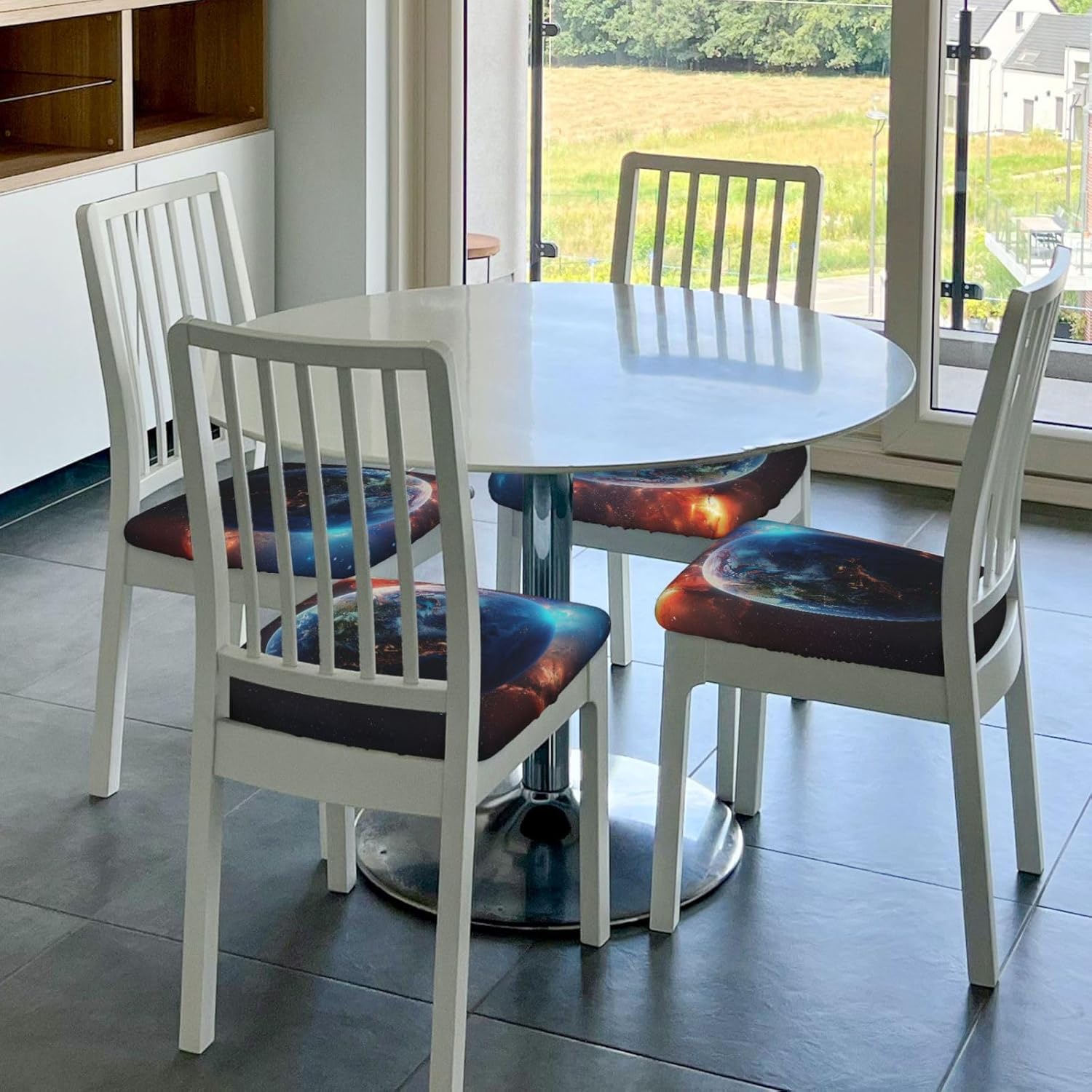 Space Planet Earth Print Square Cushion Covers 6 Pcs Set Elastic Non-Slip Seat Cushion Slipcovers Pet Furniture Protectors for Chair, Sofa