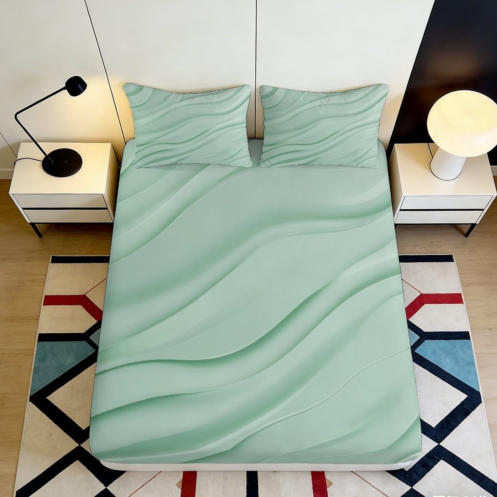 3D Printed Mint Wave Fitted Sheet Microfiber Soft Breathable Abstract Flow Mattress Cover for Bedroom Guest Room Decor 180x200x25cm