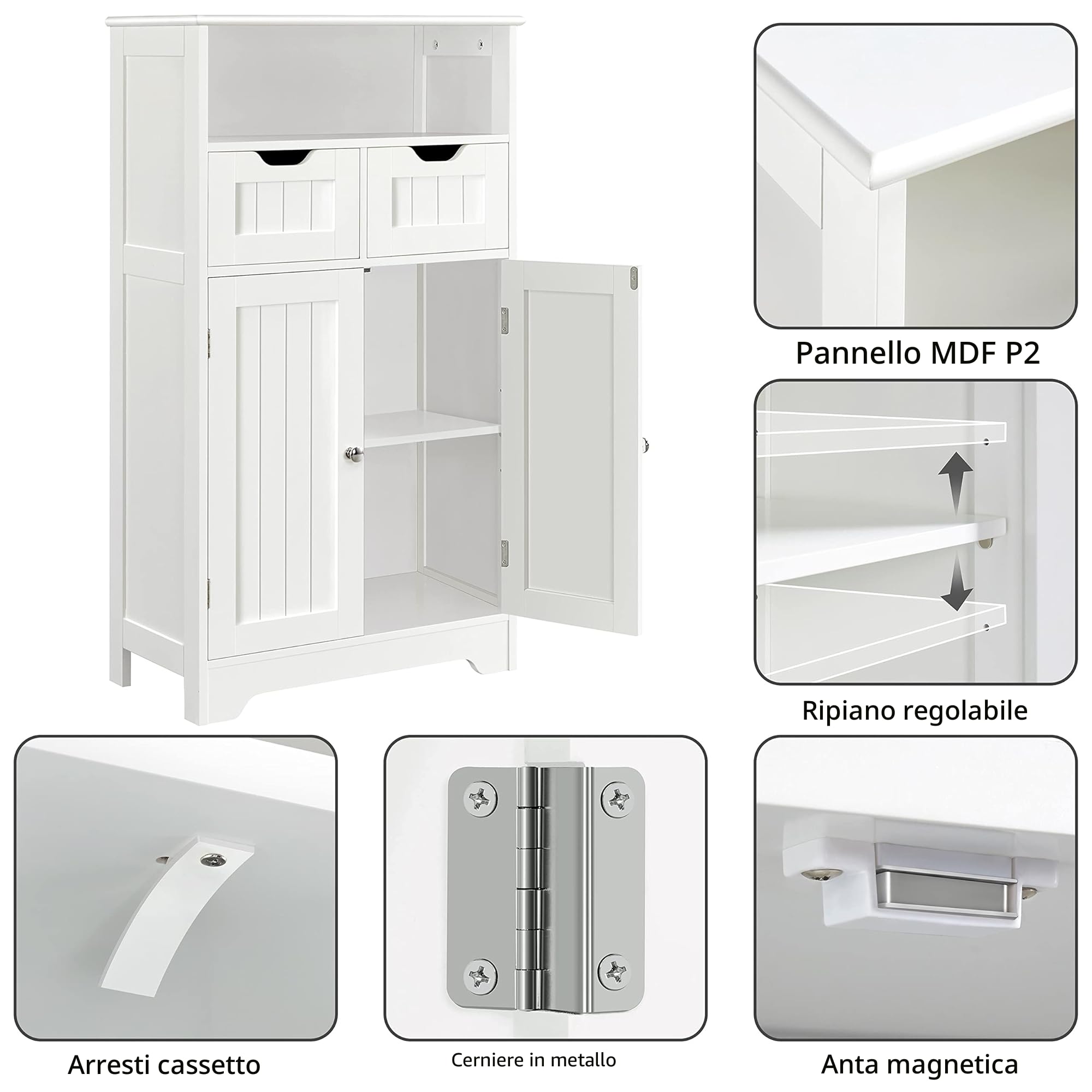 Yaheetech Armadietto Bagno a Terra Mobietto Autoportante Mobile Bagno Portaoggetti Moderno Armadio da Terra con Cassetti e Ante Salvaspazio Salotto Cucina Soggiorno Bianco 60 x 30 x 104,5 cm
