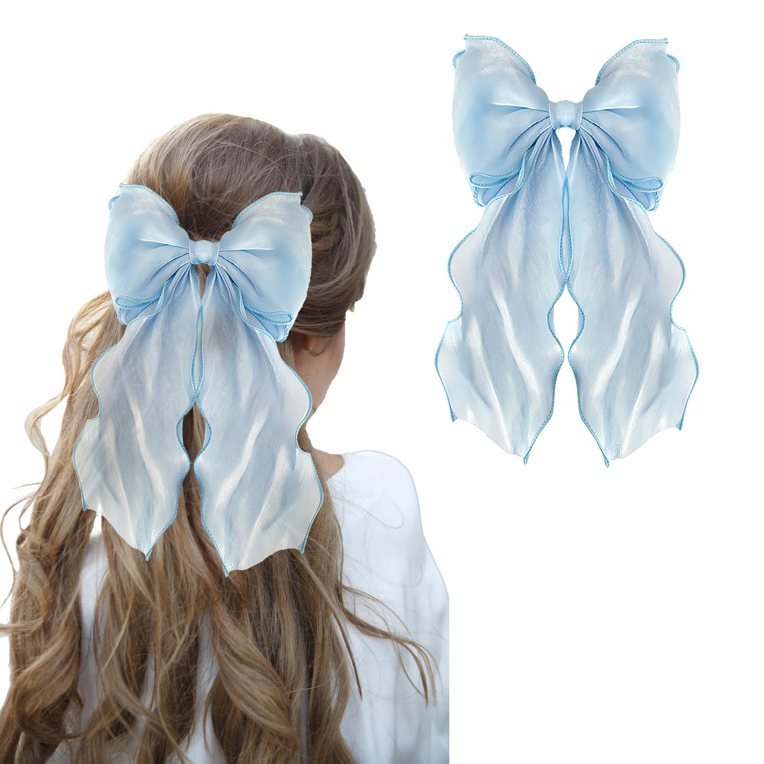 Blue Hair Bow, Oversized Bow Hair Clip for Women Long Tail Ribbons with Metal Spring Clip
