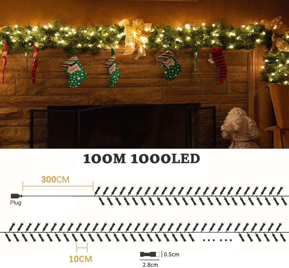 Avoalre Zewnętrzna girlanda świąteczna 100 m 1000 LED, ciepłe białe światło, 8 trybów, wodoodporność IP44, dekoracja choinki, domu, imprez, ślubów i ogrodu