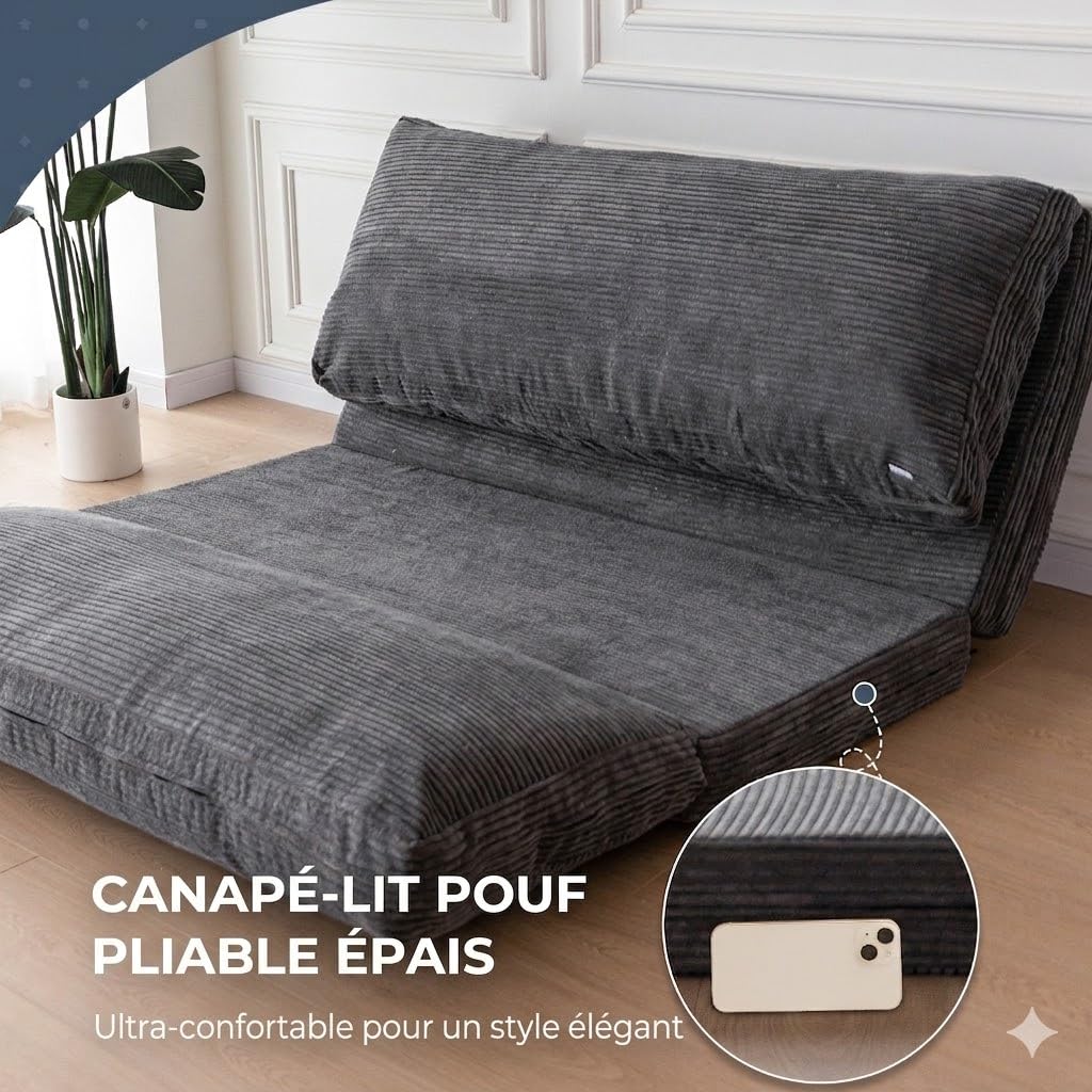 MAXYOYO Pouf pliable en velours côtelé avec rembourrage en mousse, extra épais, 4 couches, matelas/canapé de sol pour adultes, housse amovible et lavable en machine, anthracite, 135 x 240 cm