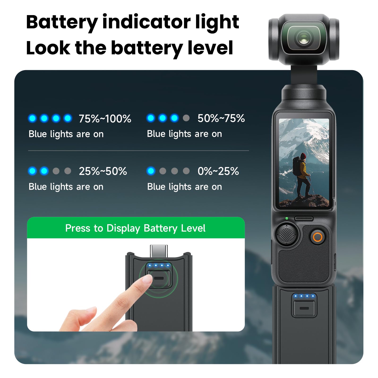 CITYORK 5000mAh impugnatura batteria per DJI Osmo Pocket 3/Pocket 4/Combo/Xtra Muse, batteria per DJI Osmo Pocket 3/Pocket 4 con attacco filettato da 1/4 di pollice e LED, ricarica USB-C1/C2