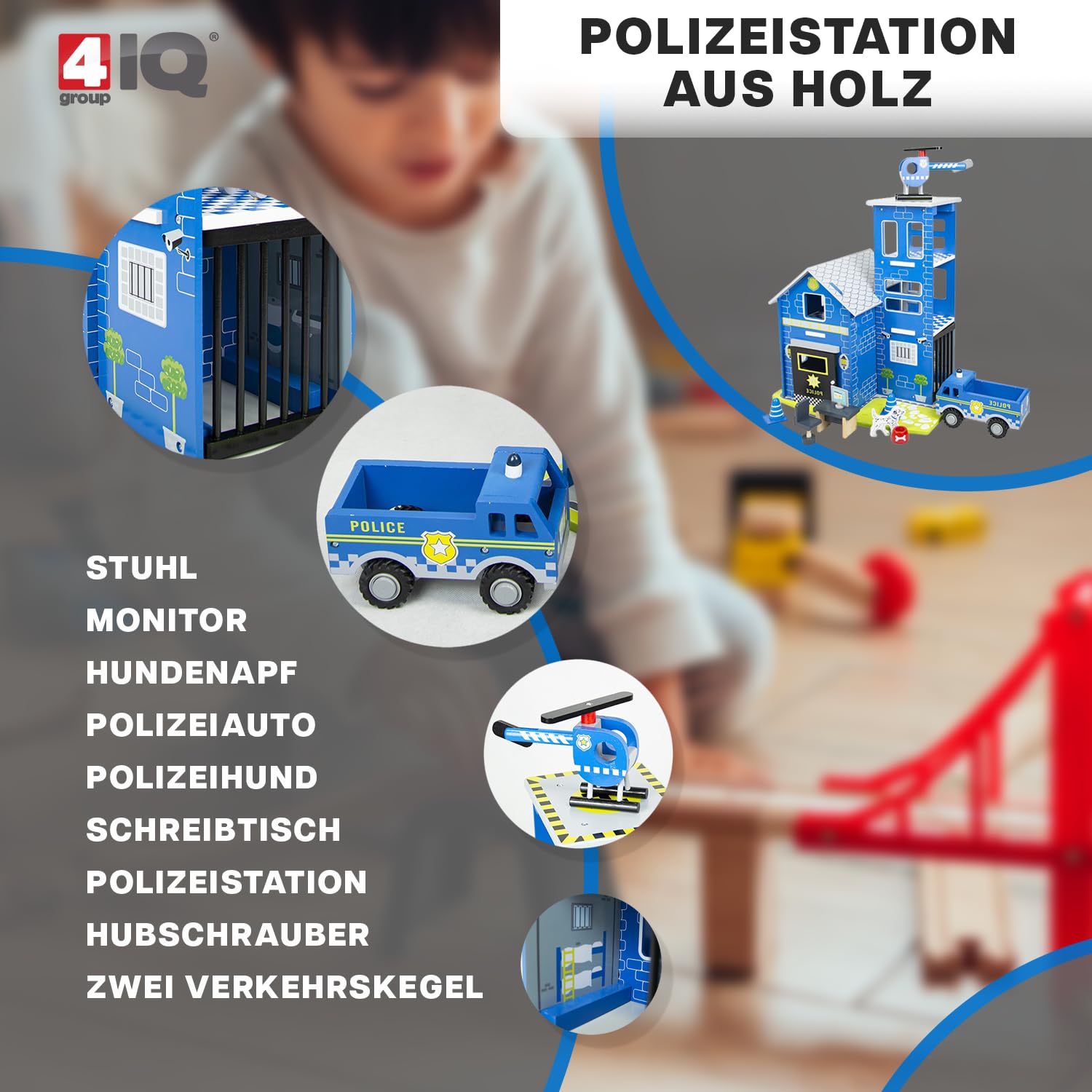 Drewniana stacja policyjna komisariat - =Stacja Policyjna z garażem i figurkami - Zabawka dla dzieci od 3 lat
