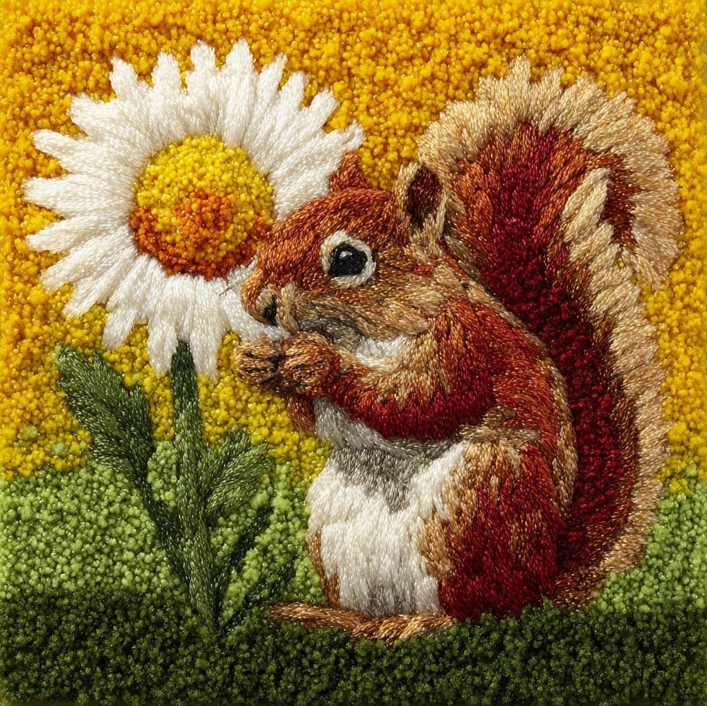 WallustrioaW Latch Hook Kit Cushion Latch Hook Kit,Flowers and Squirrels,Sofa Cushion Cover Embroidery Craft for Adults and Beginners,17x17in
