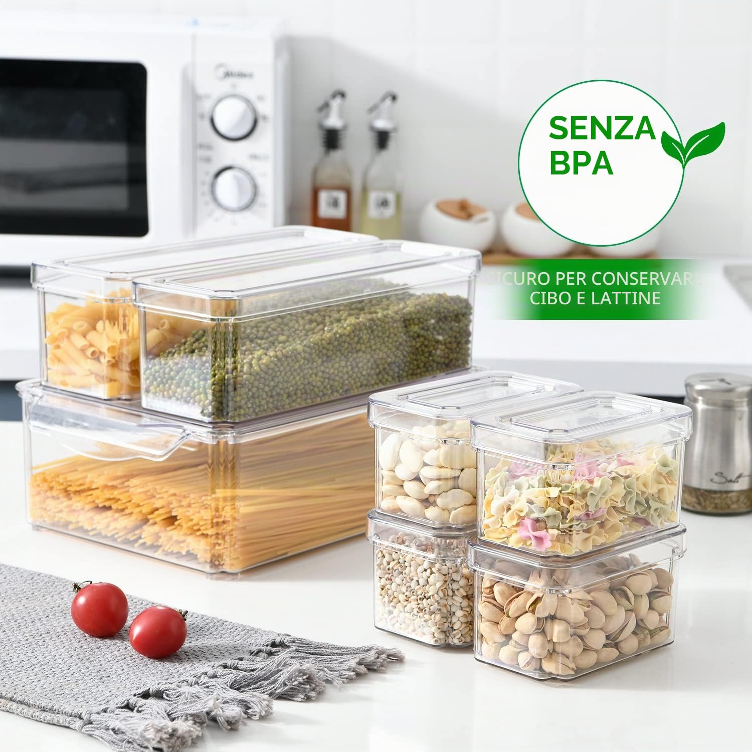 KUMD Organizer Frigorifero 10 Pezzi, Transparenti, Senza BPA - Contenitori frigo con Coperchi per Frutta, Verdura e Cucina, Accessori Frigorifero