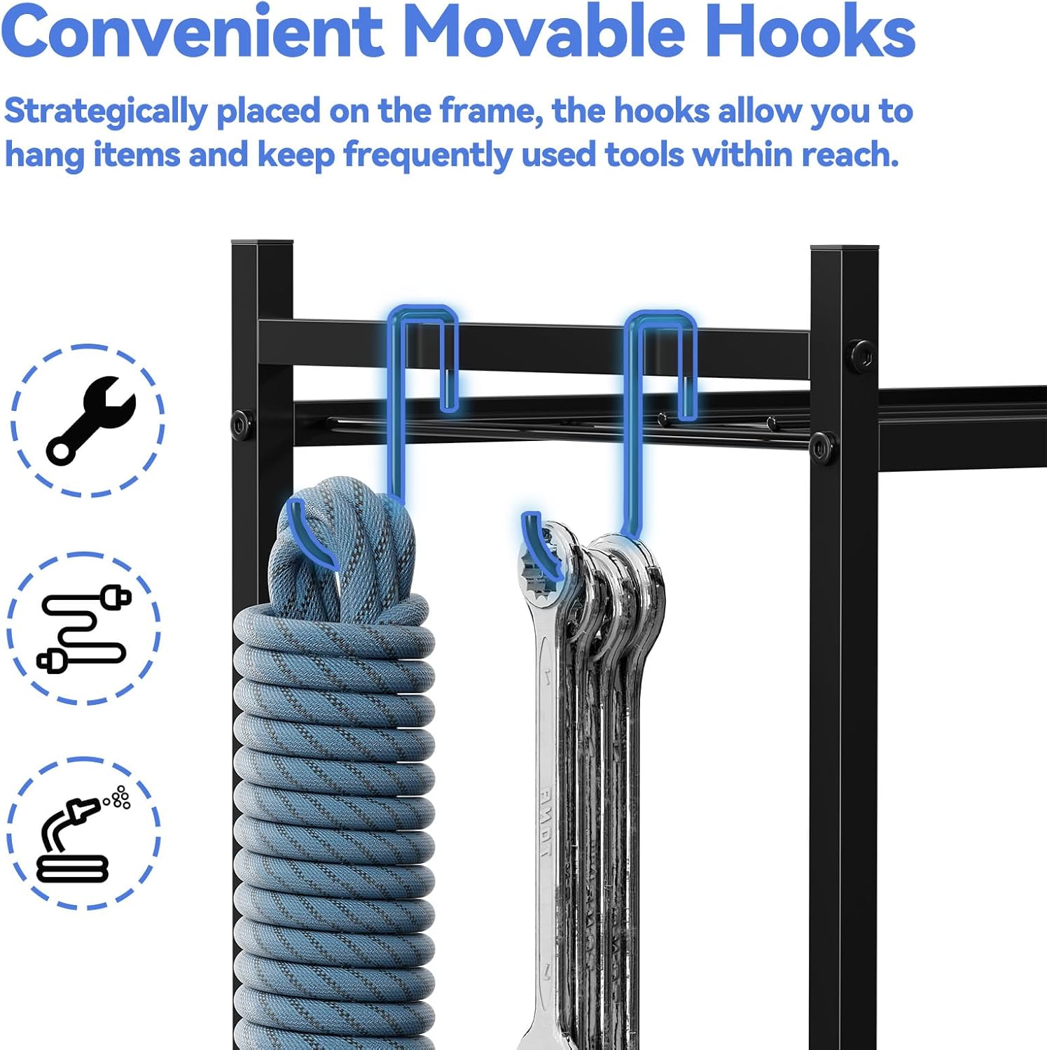 Garden Tool Organizer with Pockets, Rolling Yard Tool Storage Rack with 2 Hooks and Lockable Wheels, Black