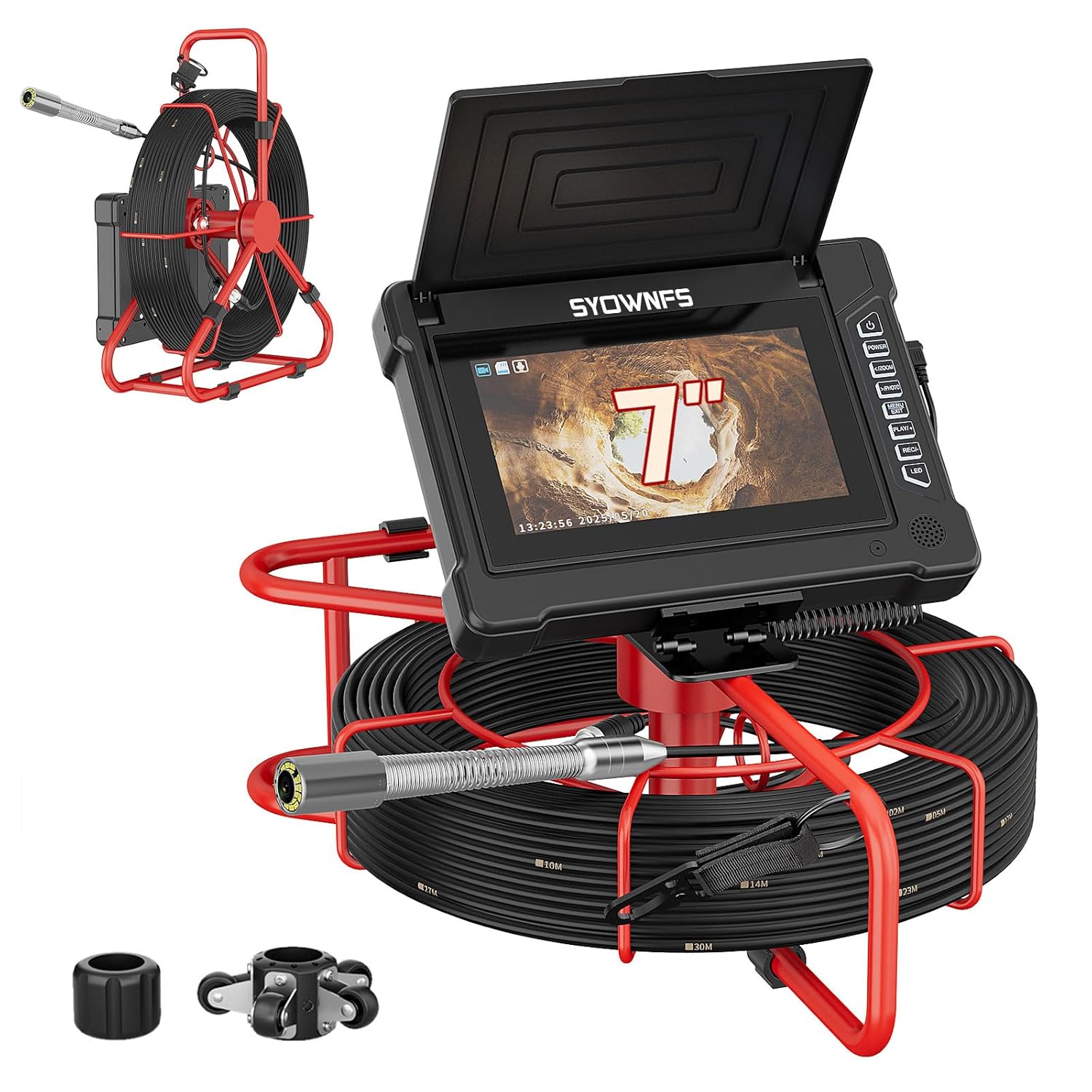 Sewer Camera 100ft/30M 7" Rainproof IPS Screen Pipe Drain Inspection Camera DVR Recorder with Meter Marker 23MM 1080P Industrial Borescope 32G Card for Drain Pipe Plumbing