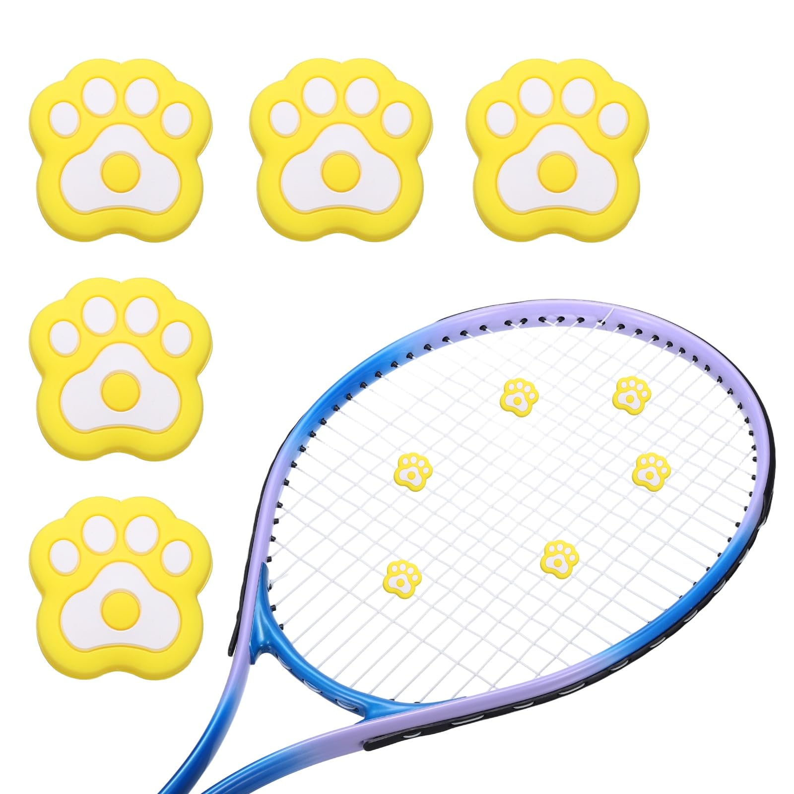 YELARXI Tennis Racket Dampener, Cute Vibration Dampener Shock Absorber Funny Tennis Soft Silicone Accessory 5Pcs & Yellow White Cat Paw-Fitting for (Practice/Training/Game/Match/Club)